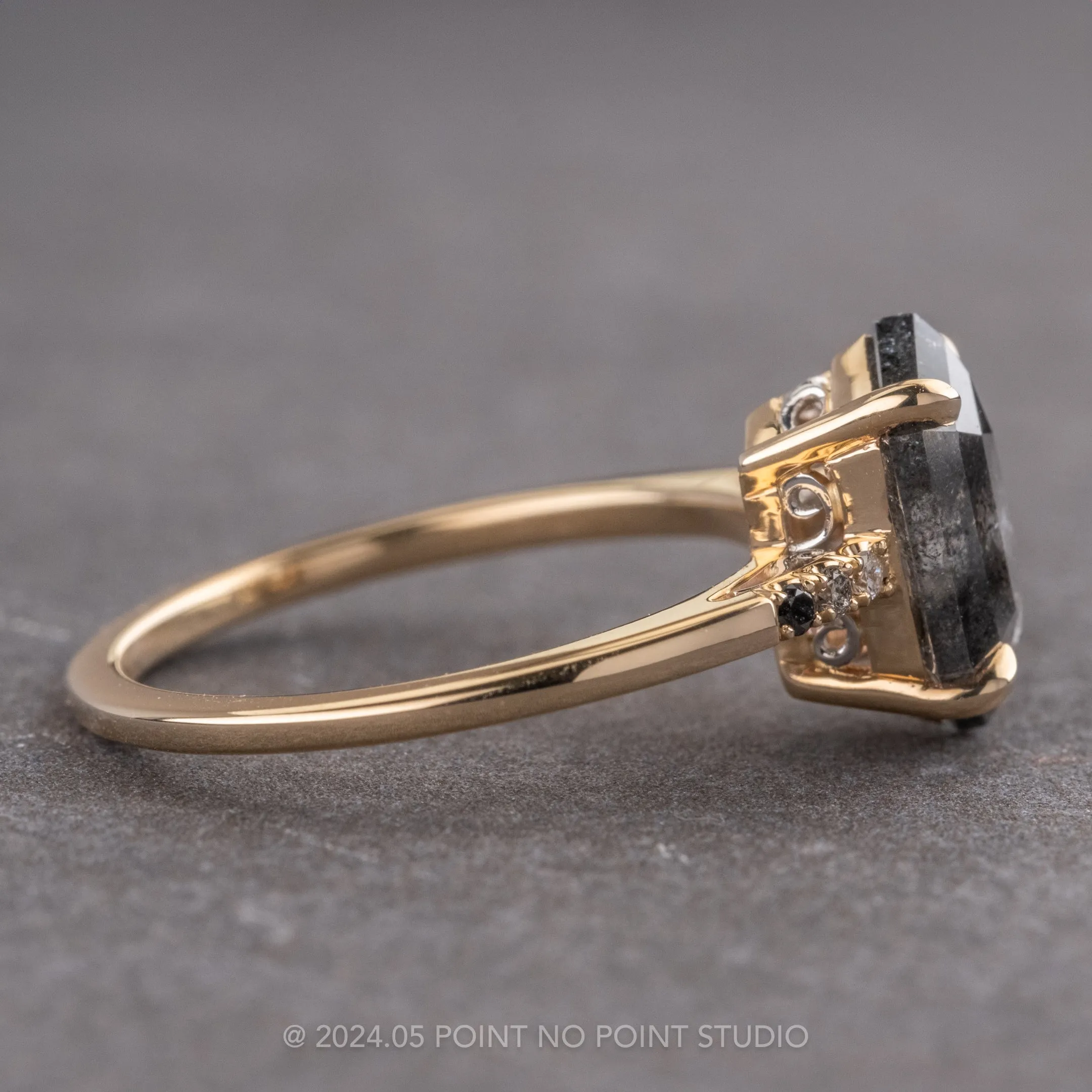 2.43 Carat Black Speckled Hexagon Diamond Engagement Ring, Ombre Lourdes Setting, 14k Yellow Gold