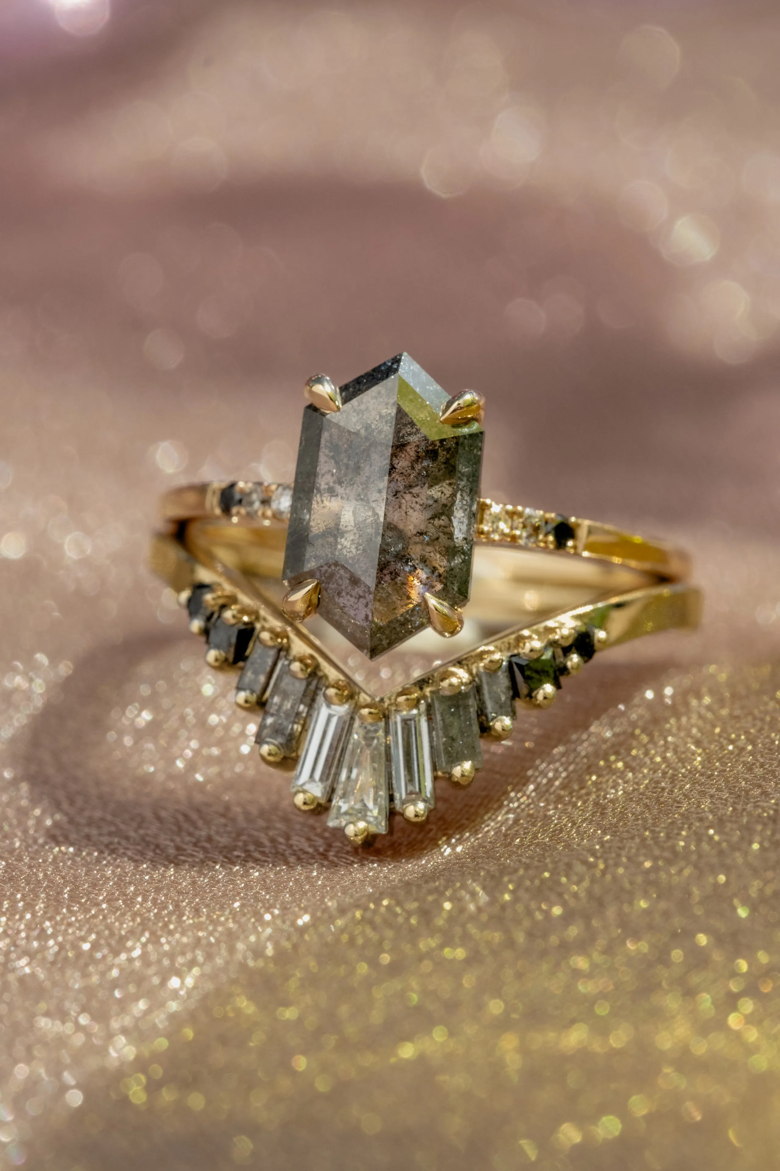 2.43 Carat Black Speckled Hexagon Diamond Engagement Ring, Ombre Lourdes Setting, 14k Yellow Gold
