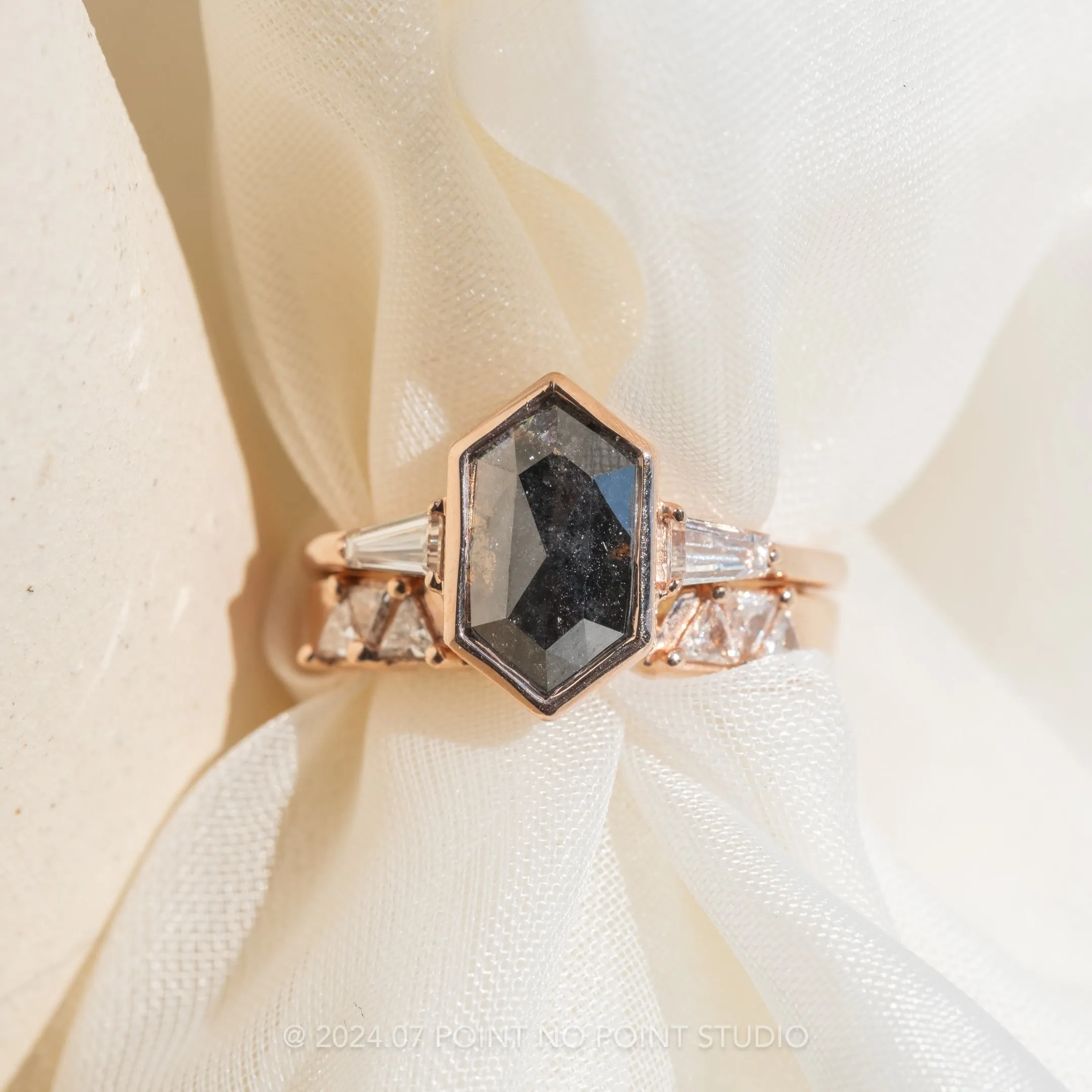 2.67 Carat Black Speckled Hexagon Diamond Engagement Ring, Bezel Zoe Setting, 14k Rose Gold
