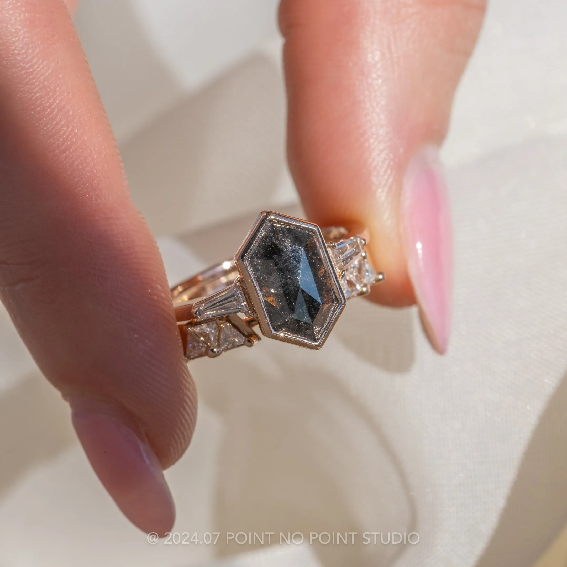 2.67 Carat Black Speckled Hexagon Diamond Engagement Ring, Bezel Zoe Setting, 14k Rose Gold