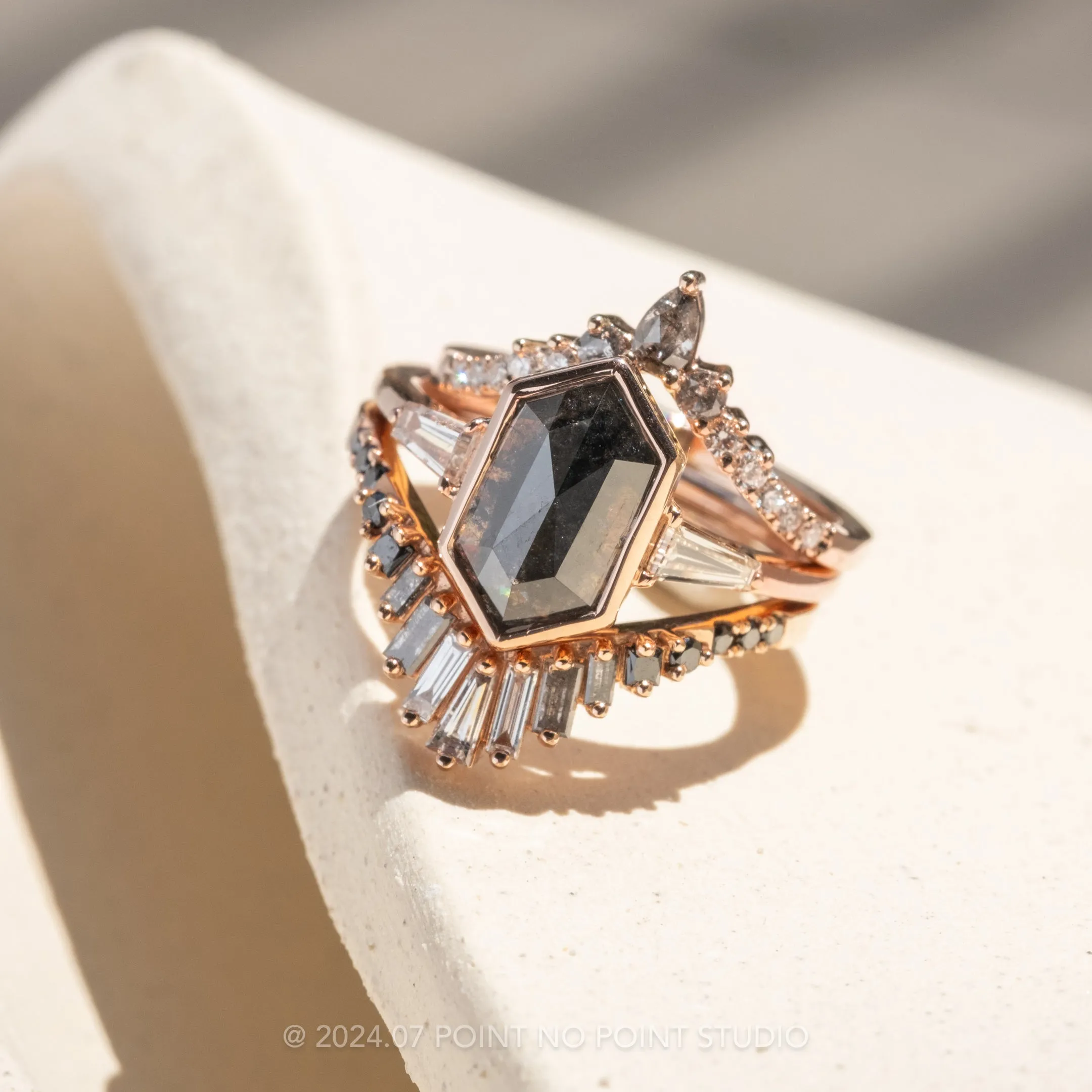 2.67 Carat Black Speckled Hexagon Diamond Engagement Ring, Bezel Zoe Setting, 14k Rose Gold