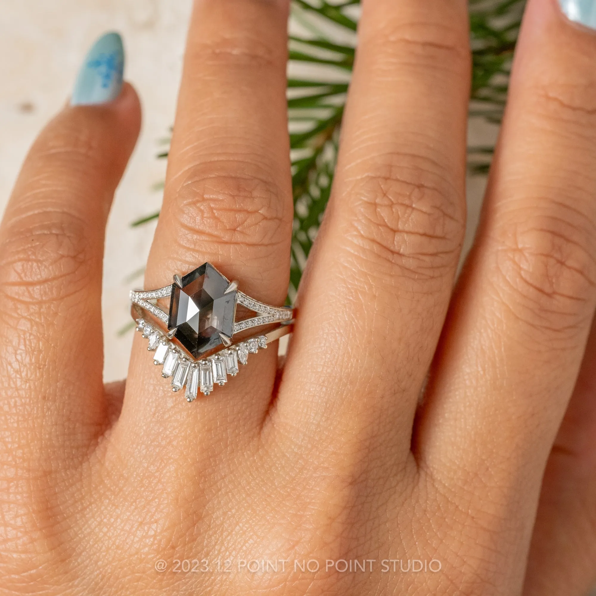 2.79 Carat Opaque Black Hexagon Diamond Engagement Ring, River Setting, Platinum