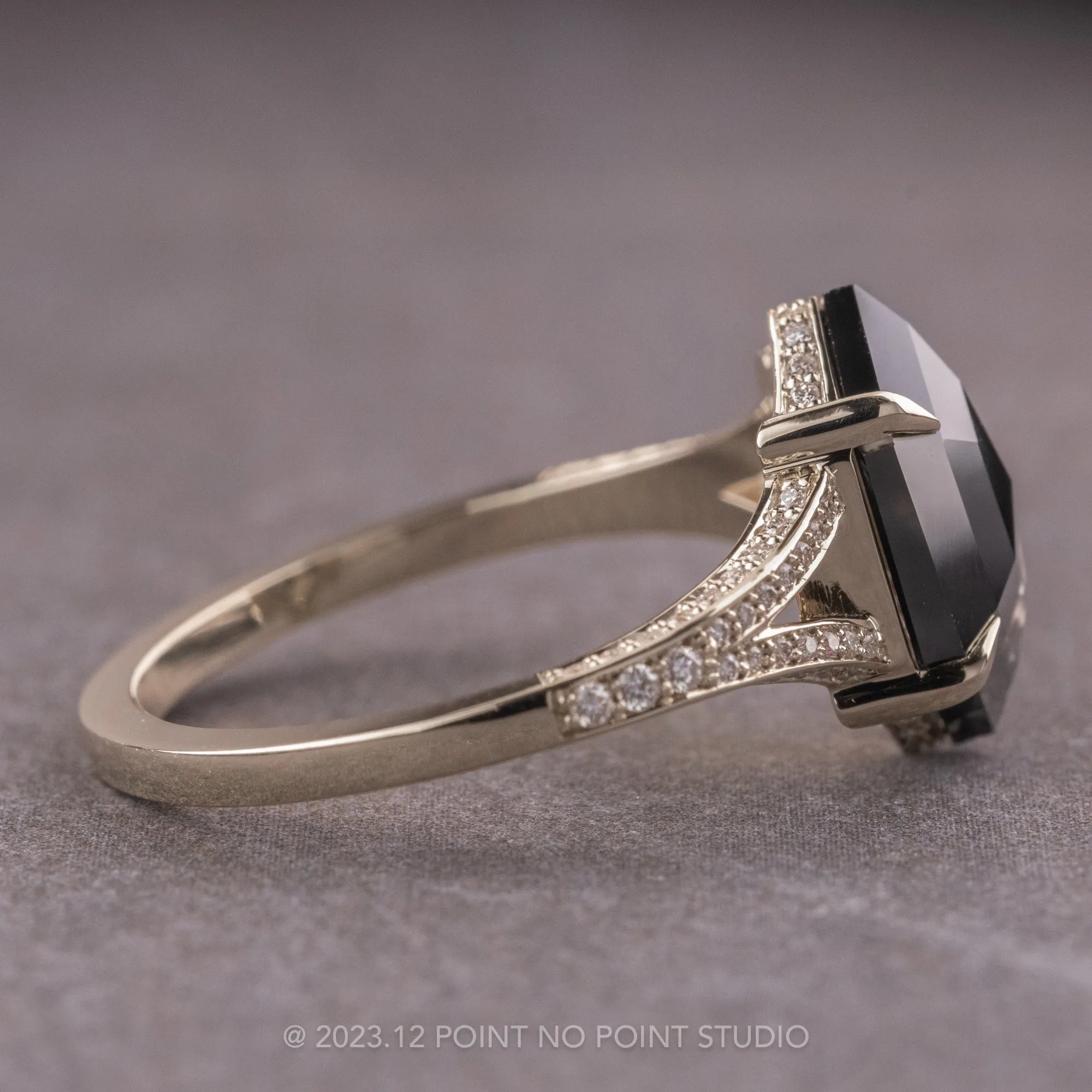 2.79 Carat Opaque Black Hexagon Diamond Engagement Ring, River Setting, Platinum