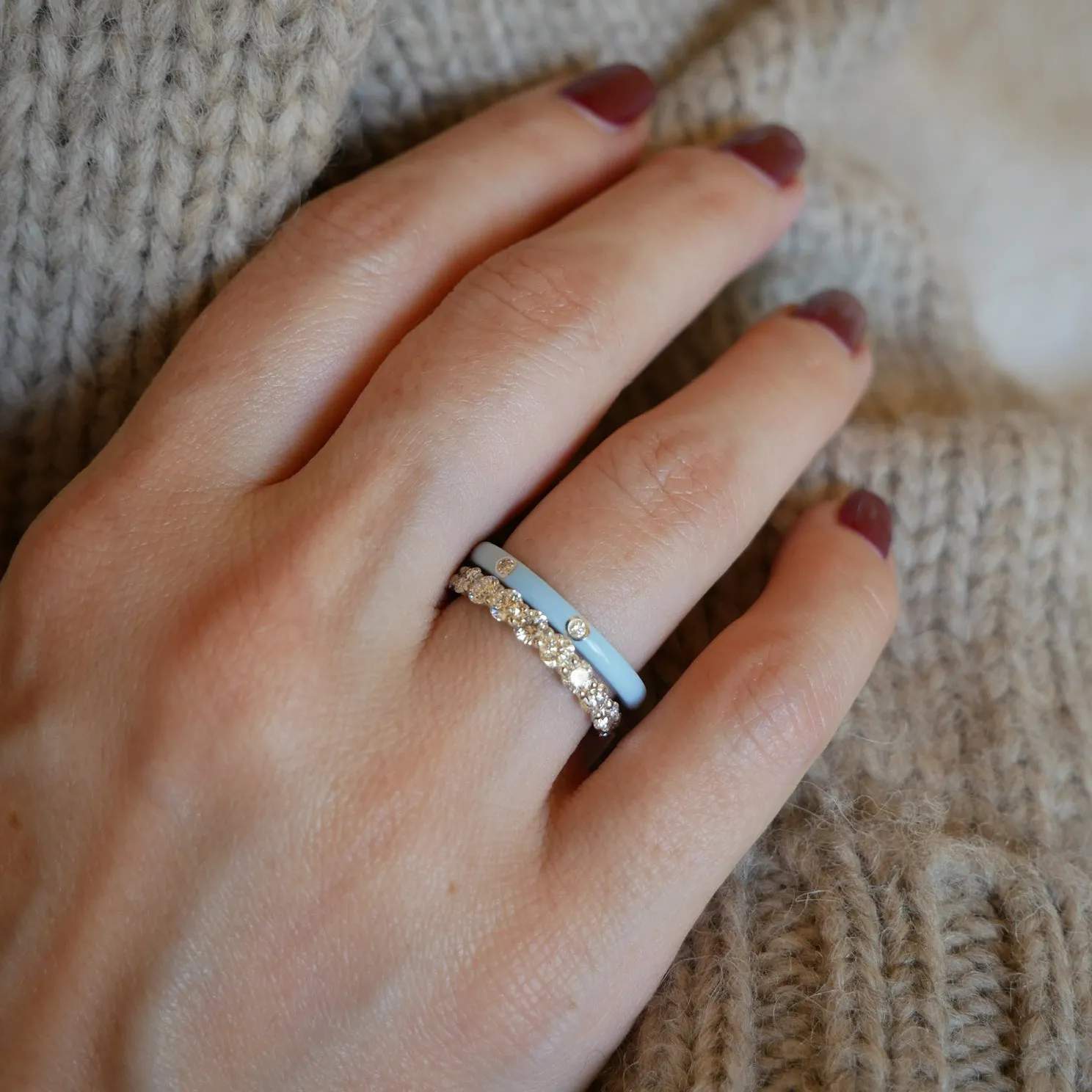 3 Diamond & Baby Blue Enamel Stack Ring