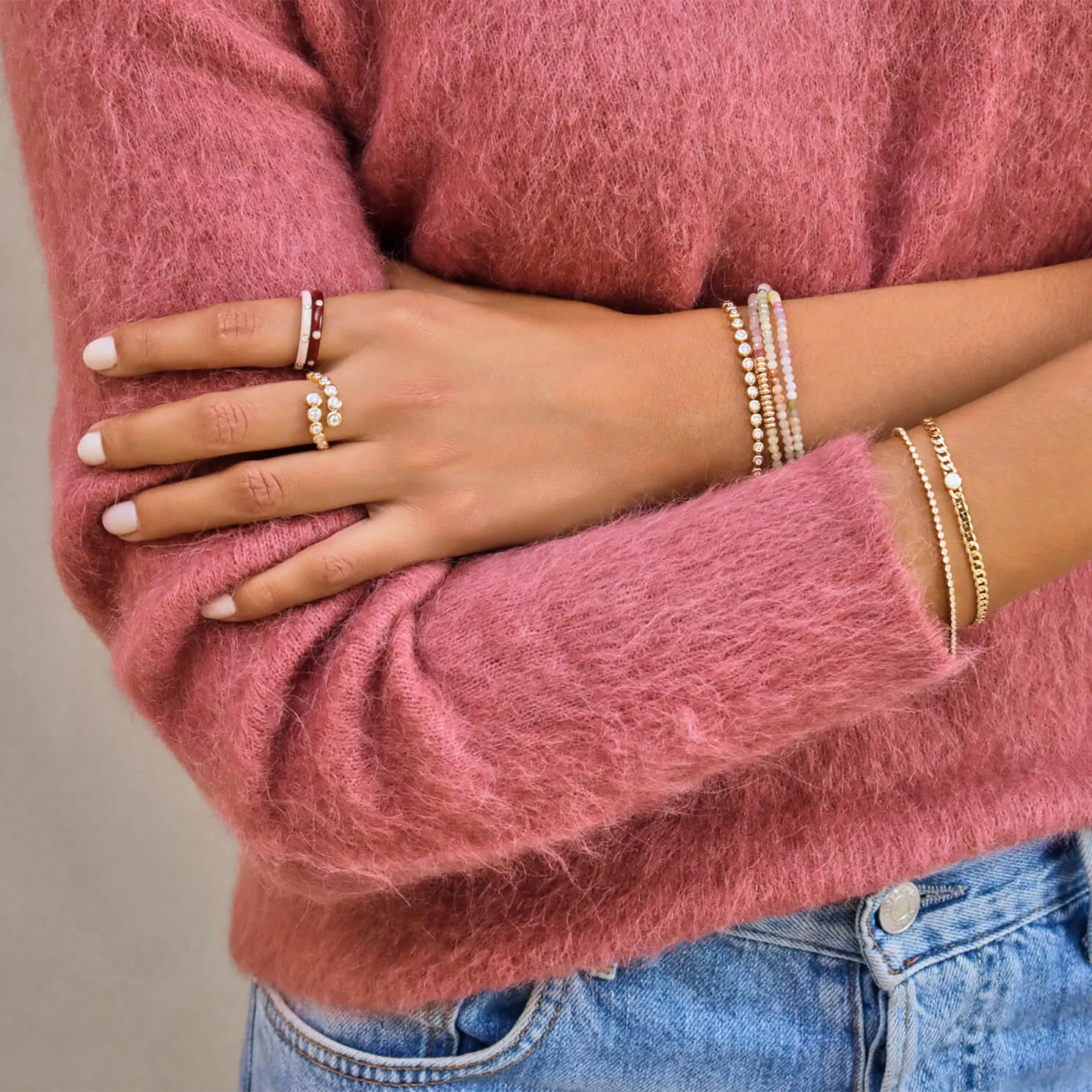 3 Diamond & Blush Enamel Stack Ring