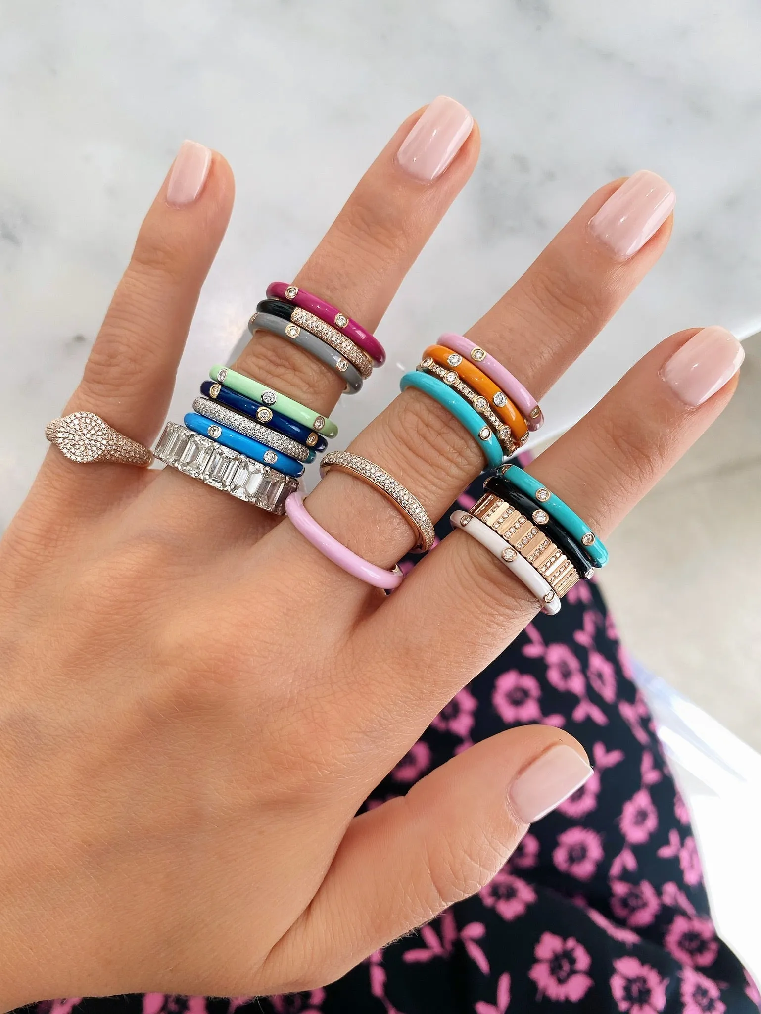 3 Diamond & Orange Enamel Stack Ring