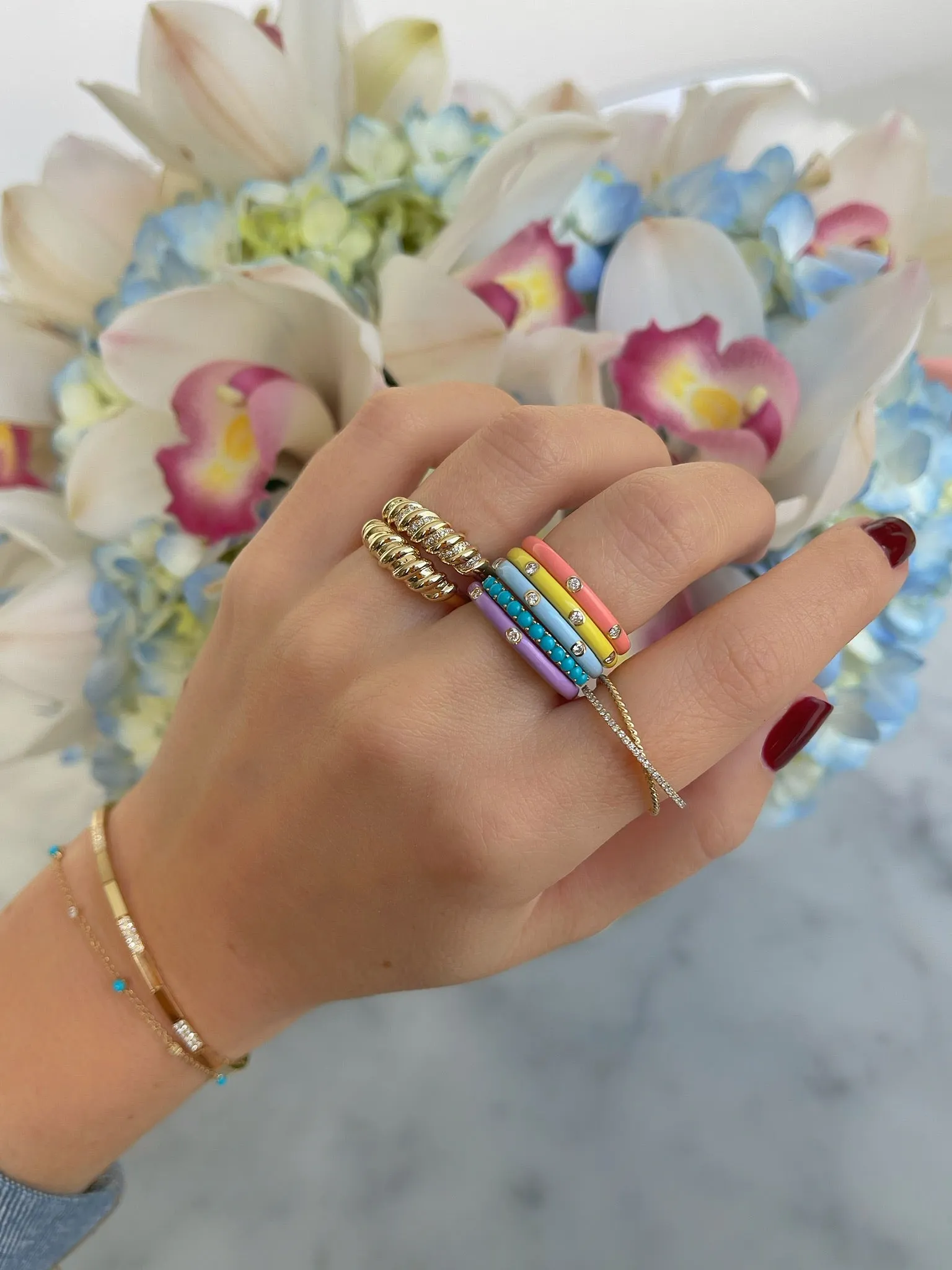 3 Diamond & Yellow Enamel Stack Ring