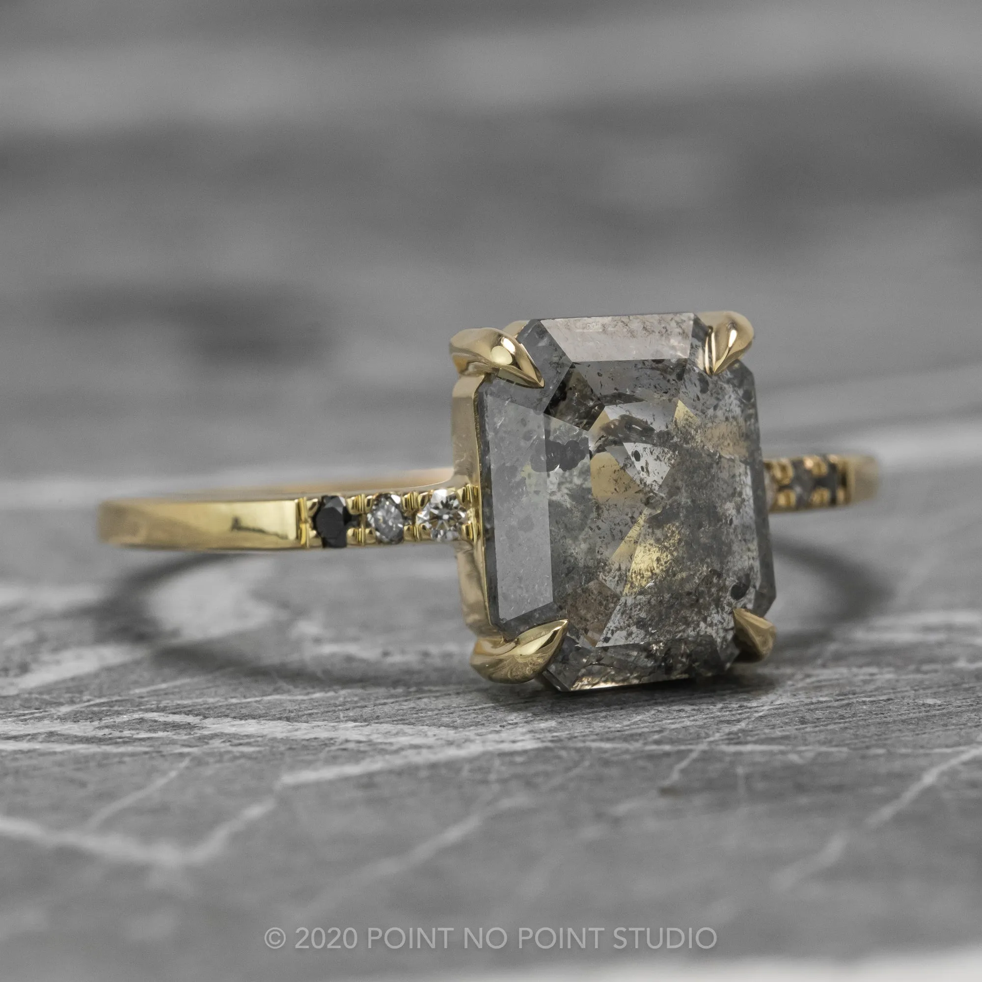 3.04 Carat Salt and Pepper Emerald Shaped Diamond Engagement Ring, Ombre Jules Setting, 14K Yellow Gold