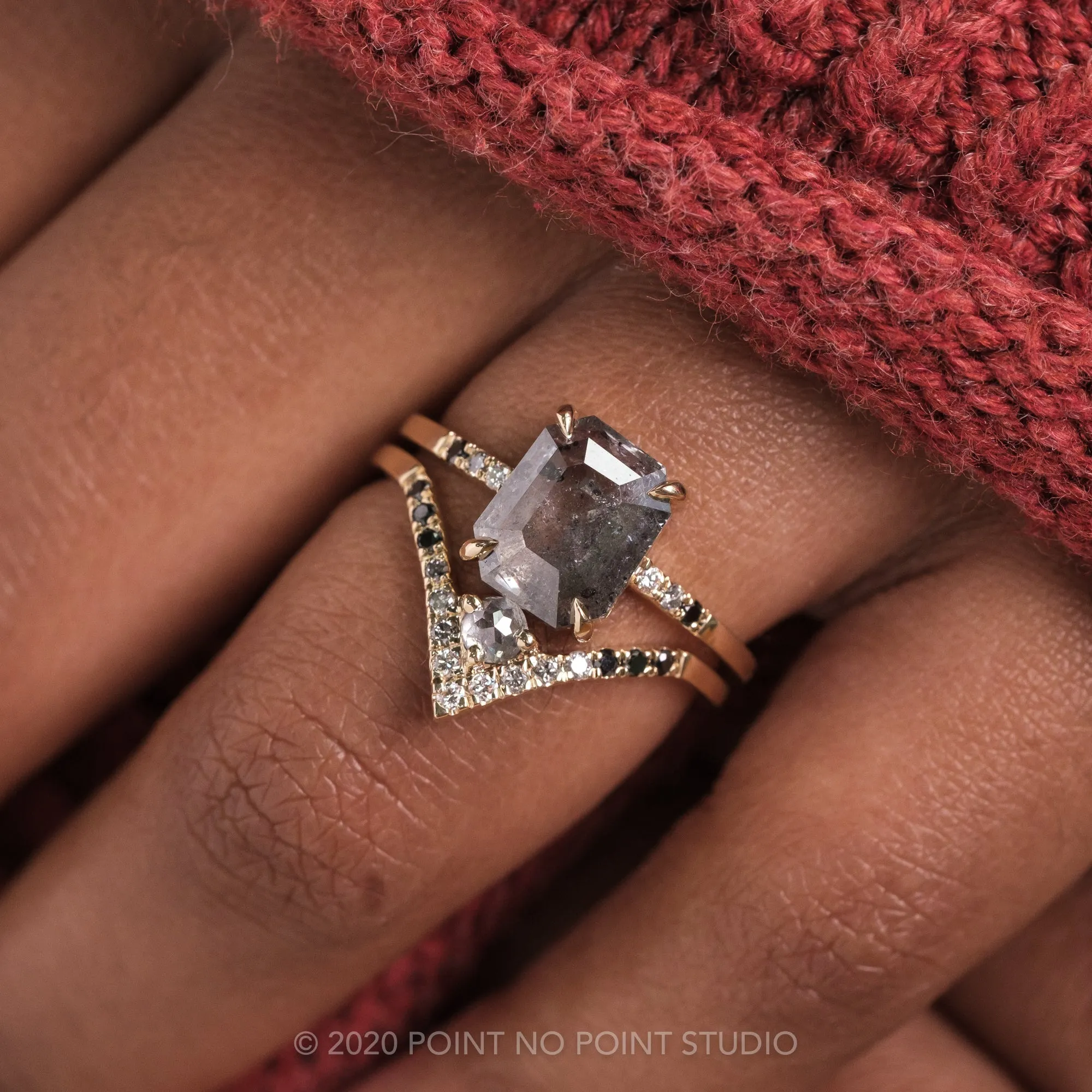 3.04 Carat Salt and Pepper Emerald Shaped Diamond Engagement Ring, Ombre Jules Setting, 14K Yellow Gold