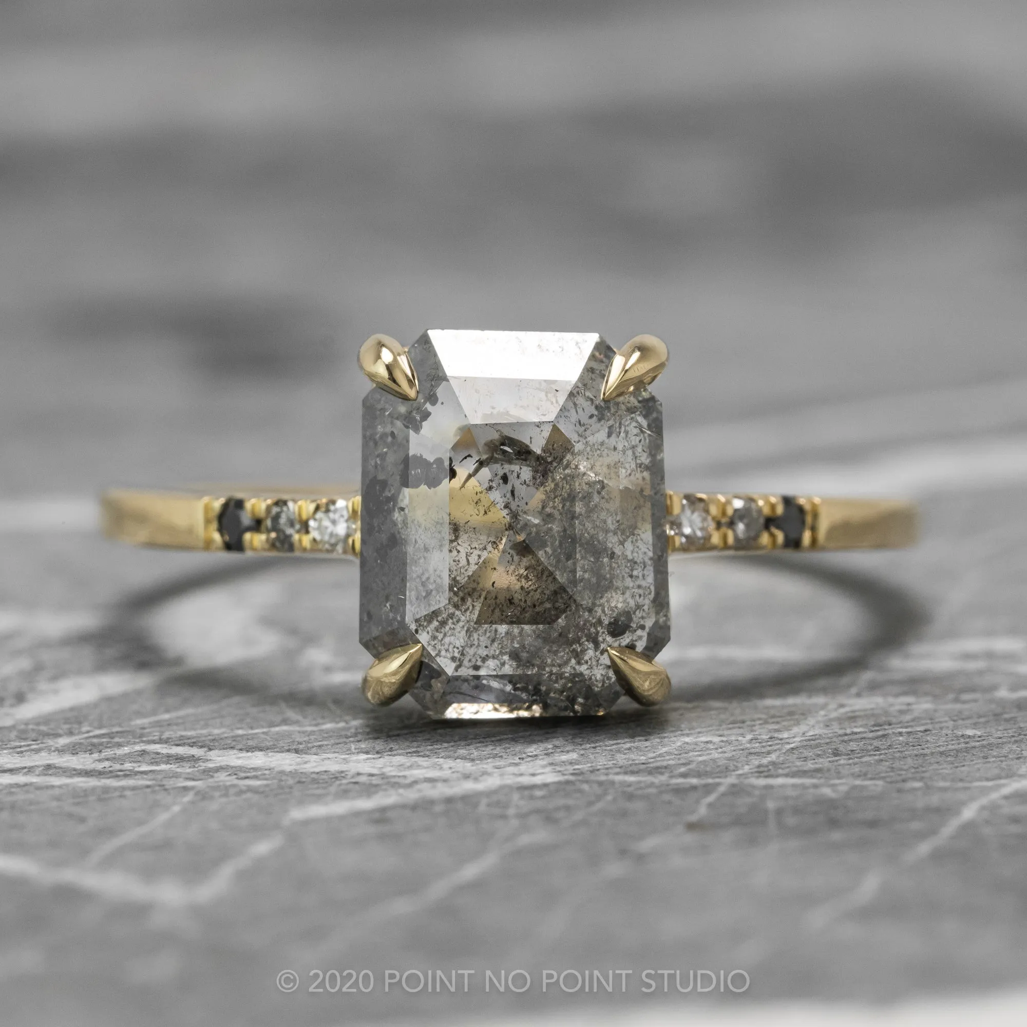 3.04 Carat Salt and Pepper Emerald Shaped Diamond Engagement Ring, Ombre Jules Setting, 14K Yellow Gold