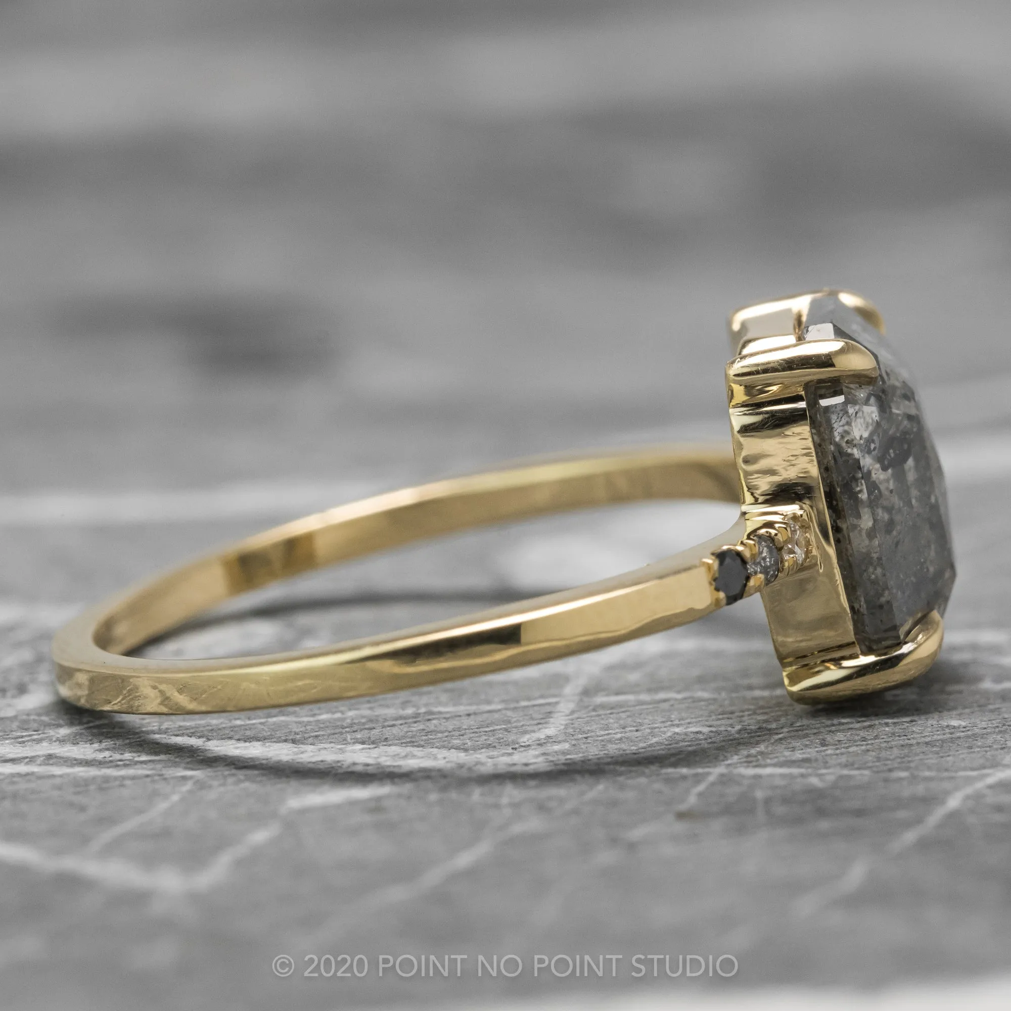 3.04 Carat Salt and Pepper Emerald Shaped Diamond Engagement Ring, Ombre Jules Setting, 14K Yellow Gold