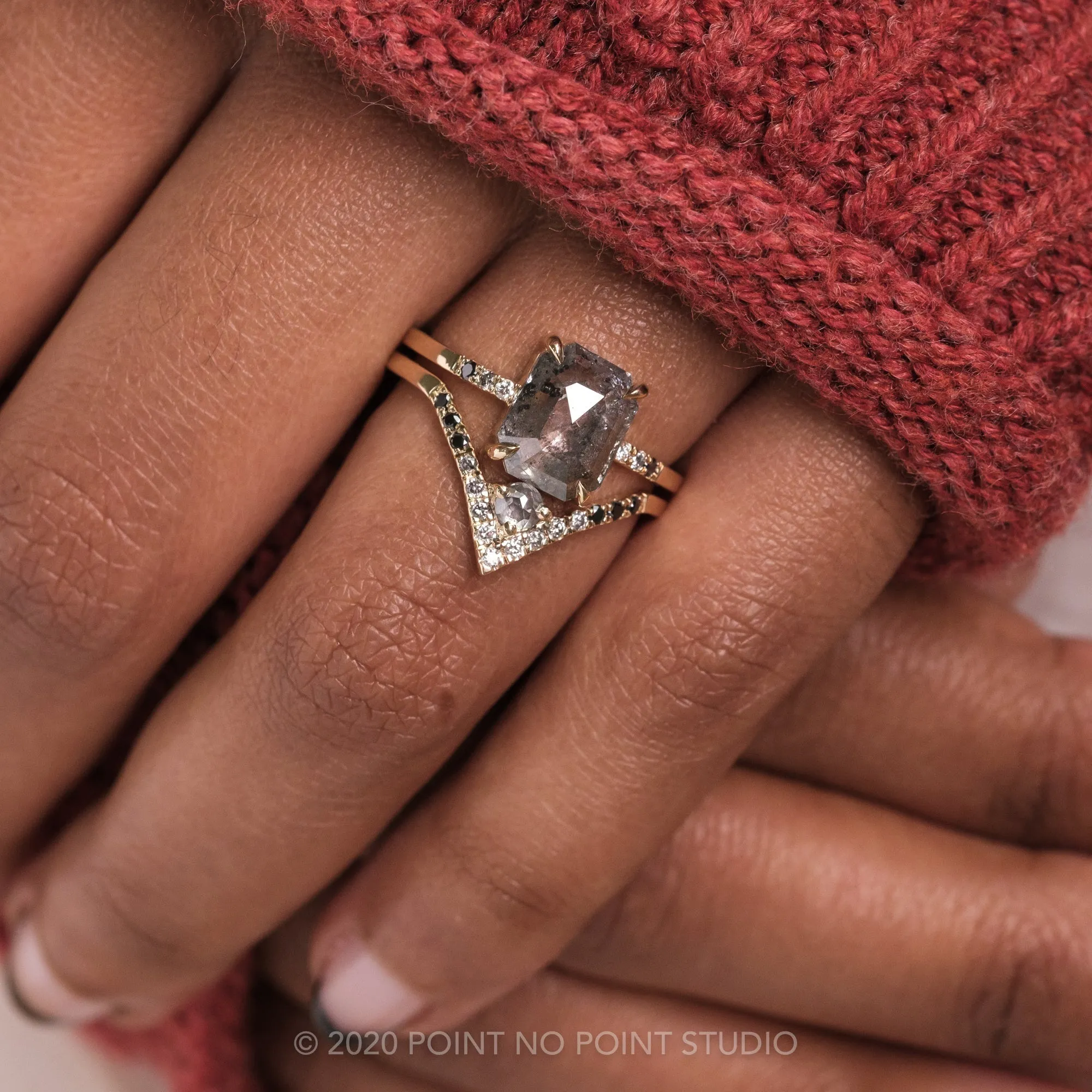 3.04 Carat Salt and Pepper Emerald Shaped Diamond Engagement Ring, Ombre Jules Setting, 14K Yellow Gold