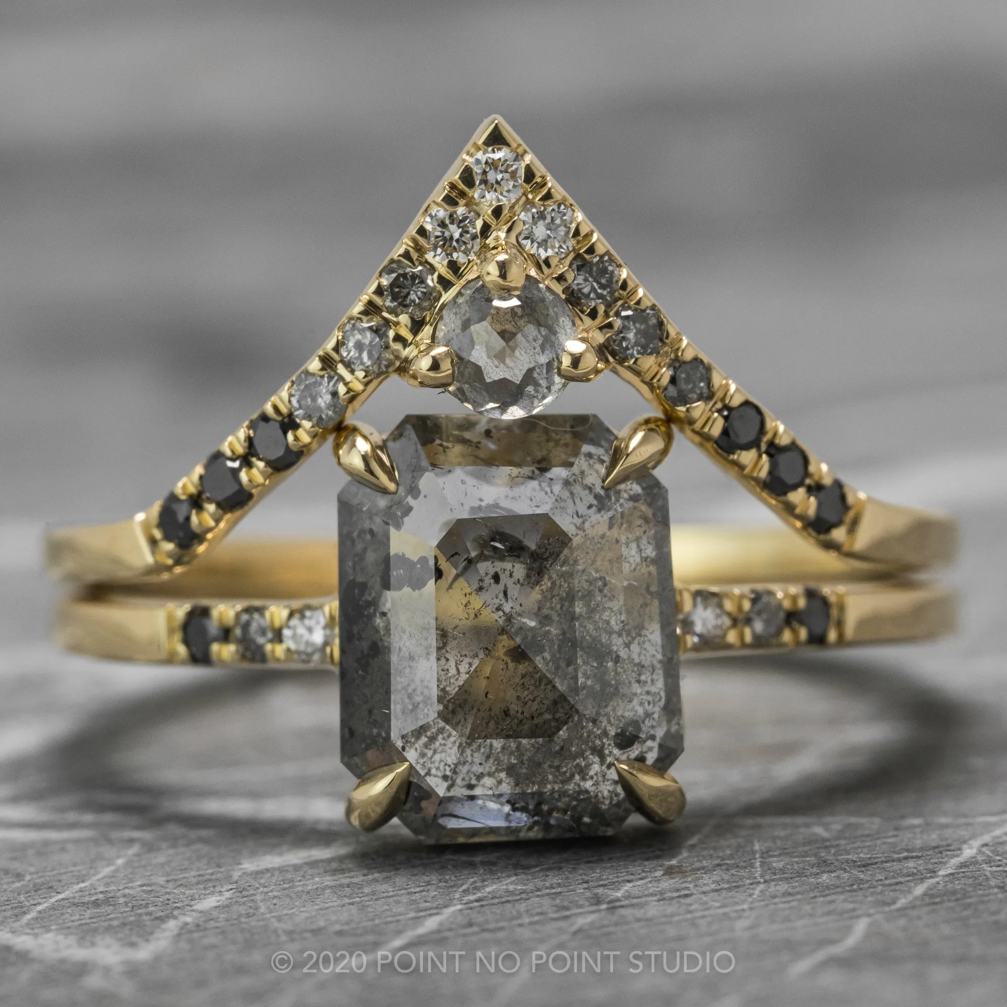 3.04 Carat Salt and Pepper Emerald Shaped Diamond Engagement Ring, Ombre Jules Setting, 14K Yellow Gold