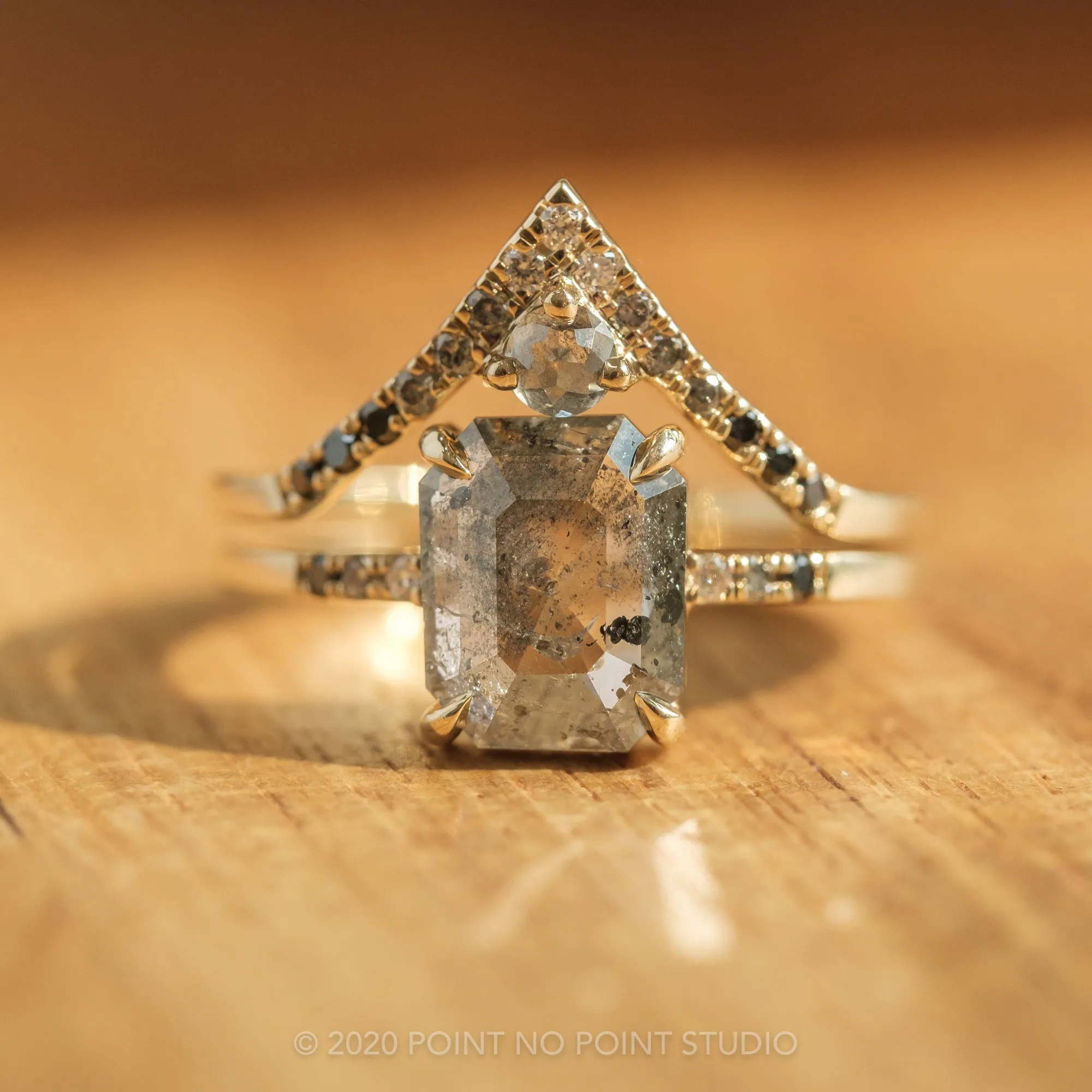 3.04 Carat Salt and Pepper Emerald Shaped Diamond Engagement Ring, Ombre Jules Setting, 14K Yellow Gold
