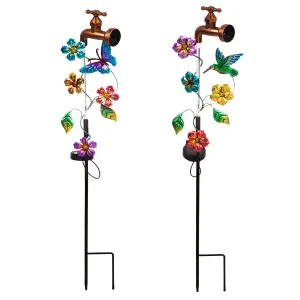 36.5"H Dripping Water Solar Faucet Garden Stake, 2 ASST, Butterfly and Hummingbird,2sp6767