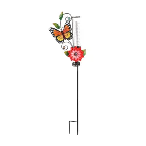 36"H Solar Rain Gauge Garden Stake with Red Flower, Monarch Butterfly,2sp7229