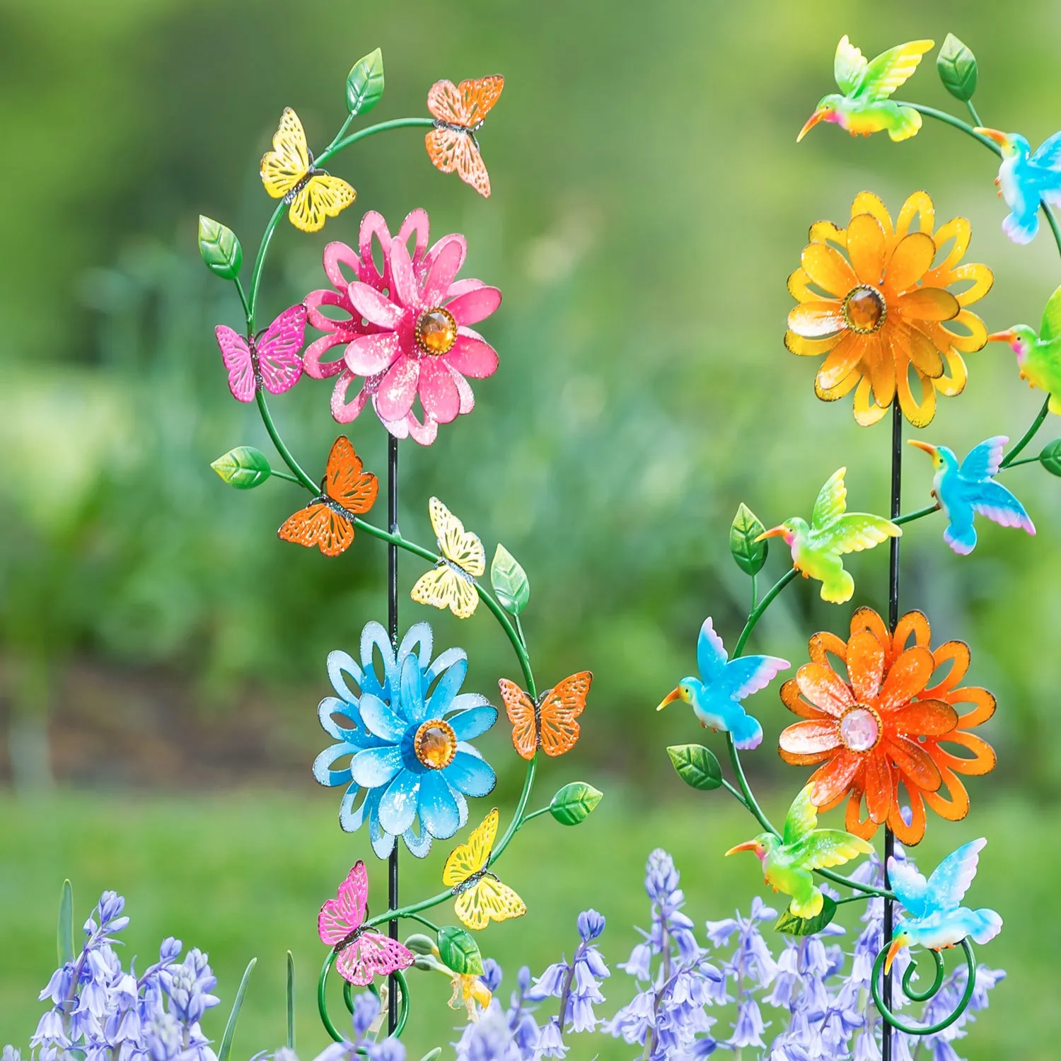 38.5"H Garden Stake with Spinning Flowers, Butterfly and Hummingbrid, 2 Asst,47m3826