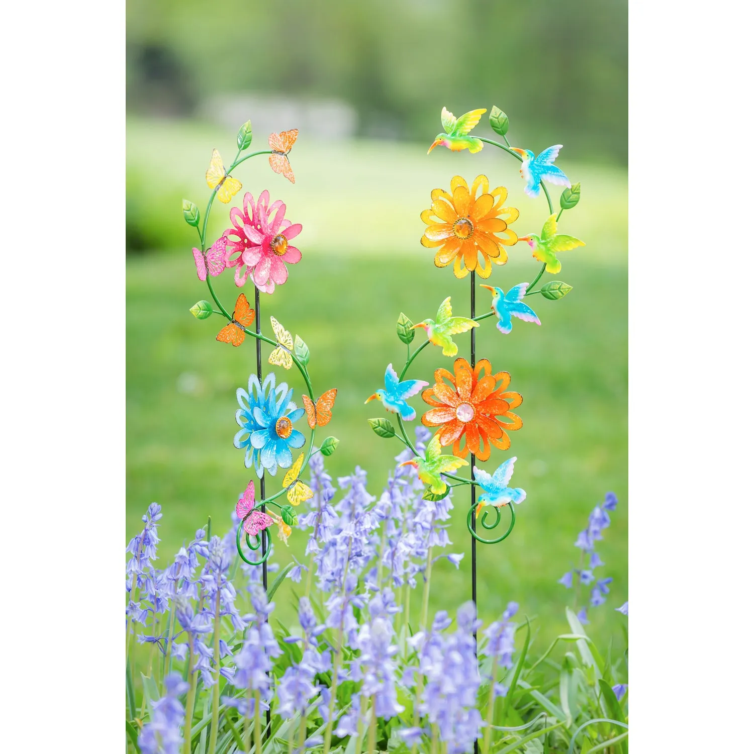 38.5"H Garden Stake with Spinning Flowers, Butterfly and Hummingbrid, 2 Asst,47m3826