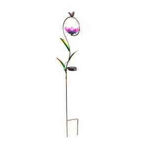 38"H Solar Garden Stake, Flower with Bronze Bird,2sp7268