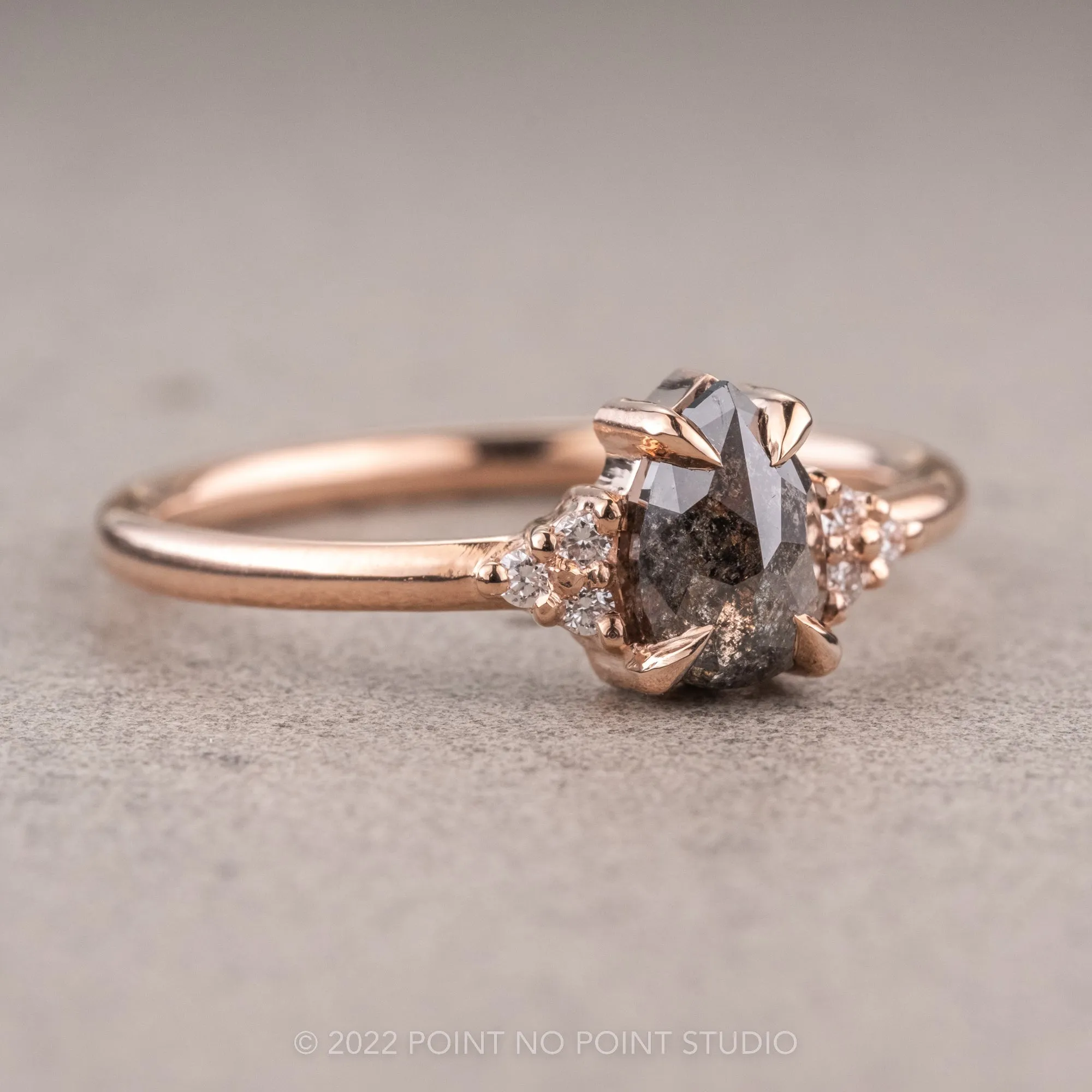 .85 Carat Salt and Pepper Pear Diamond Engagement Ring, Quinn Setting, 14k Rose Gold