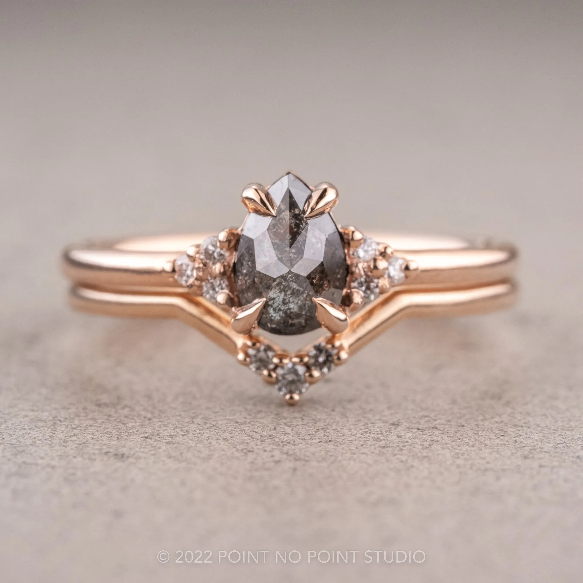.85 Carat Salt and Pepper Pear Diamond Engagement Ring, Quinn Setting, 14k Rose Gold