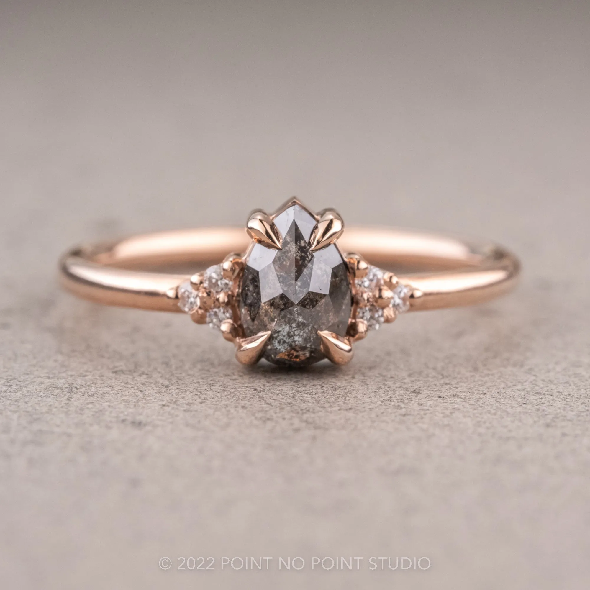 .85 Carat Salt and Pepper Pear Diamond Engagement Ring, Quinn Setting, 14k Rose Gold