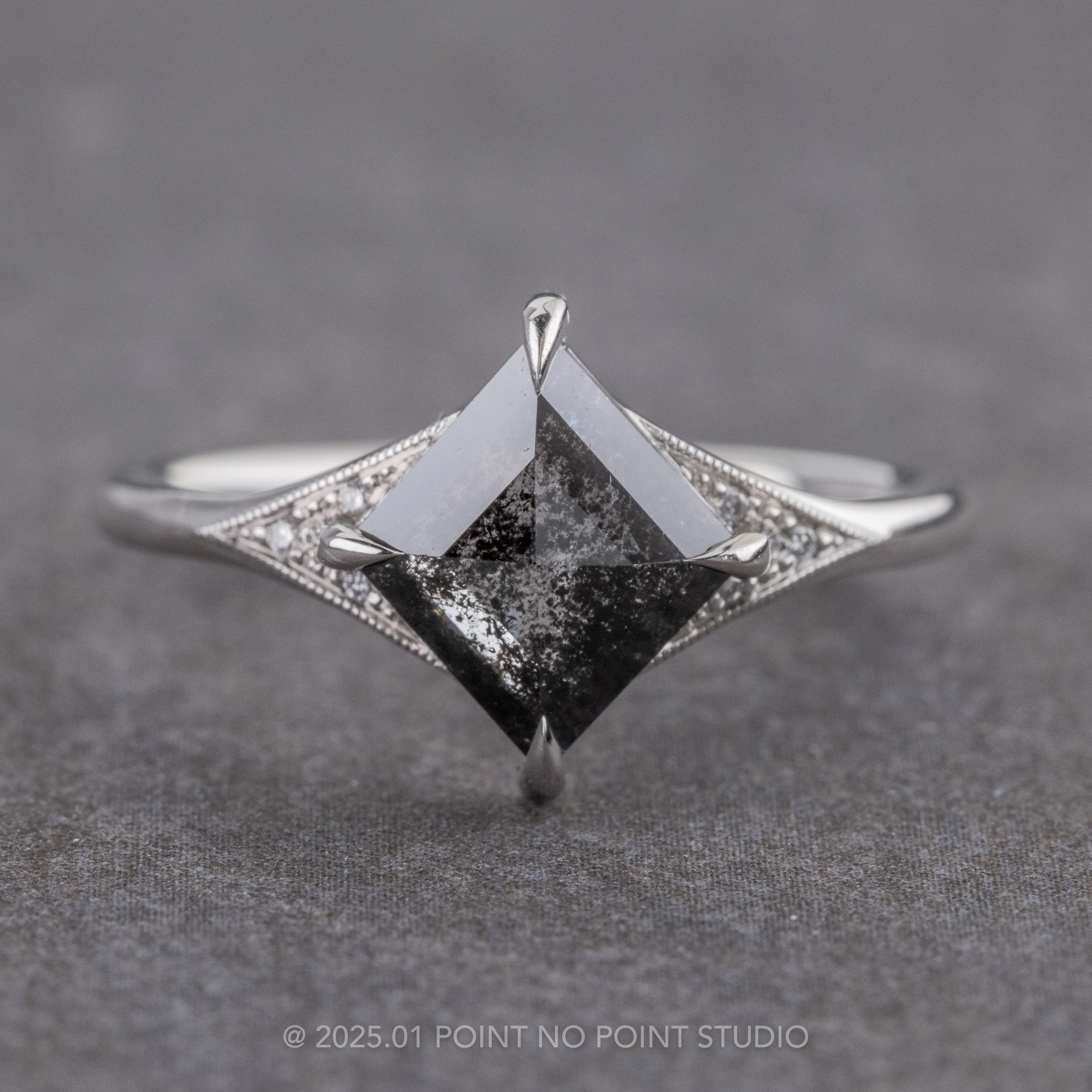 .92 Carat Black Speckled Lozenge Diamond Engagement Ring, Aela Setting, Platinum
