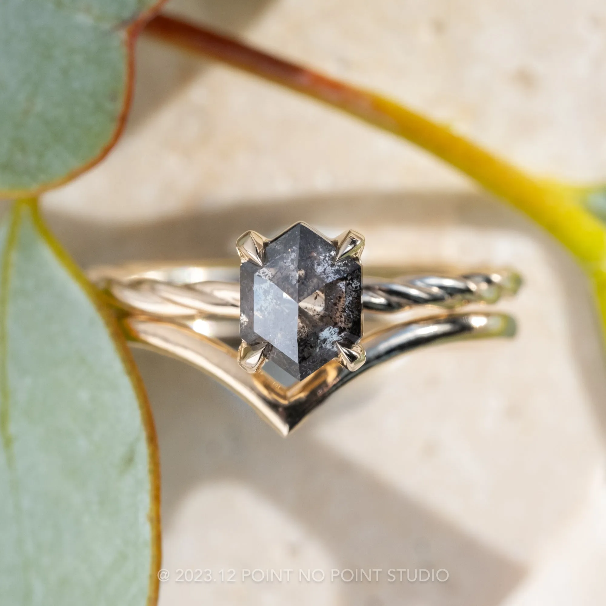 .93 Carat Salt and Pepper Hexagon Diamond Engagement Ring, Tulip Basket Setting, 14k Yellow Gold