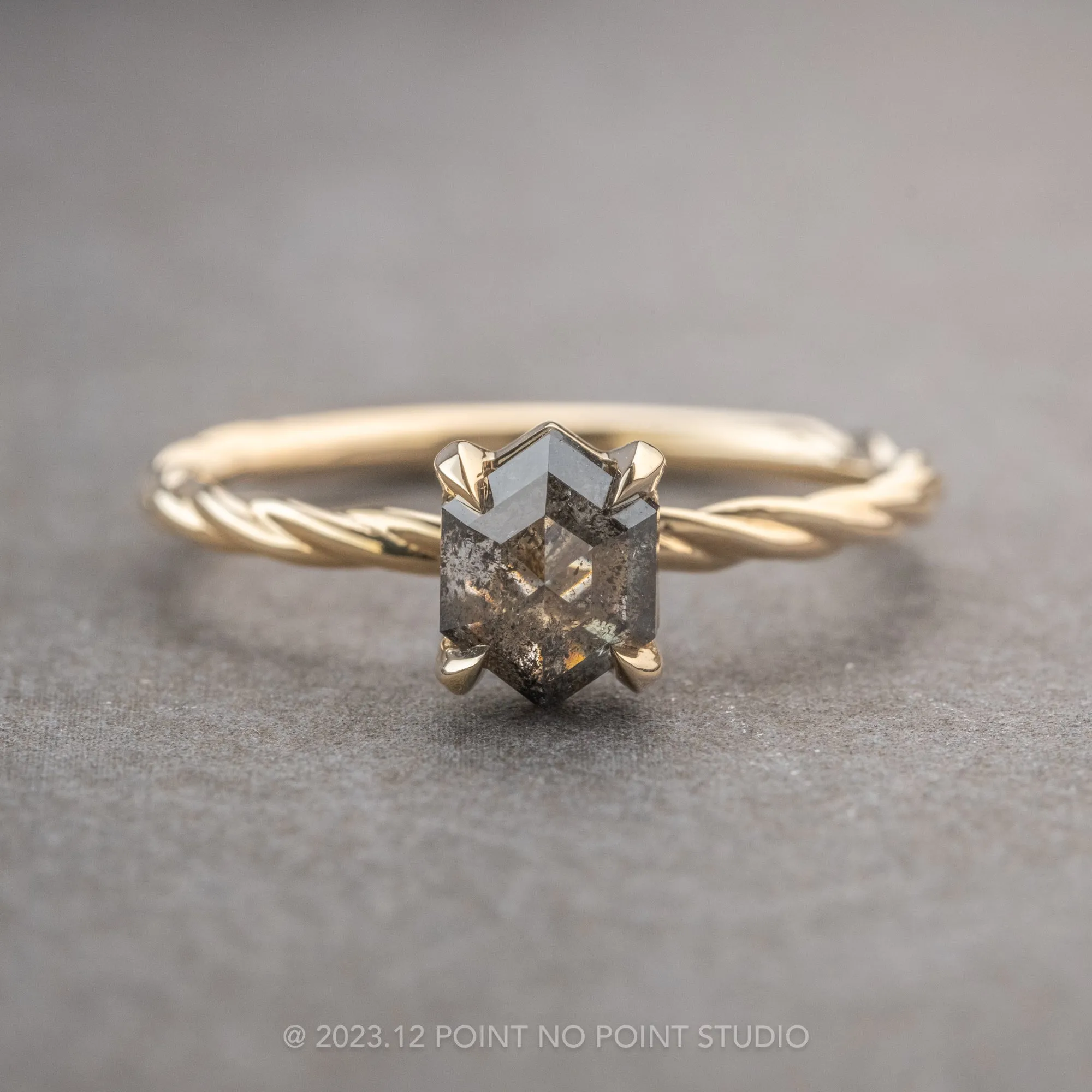 .93 Carat Salt and Pepper Hexagon Diamond Engagement Ring, Tulip Basket Setting, 14k Yellow Gold