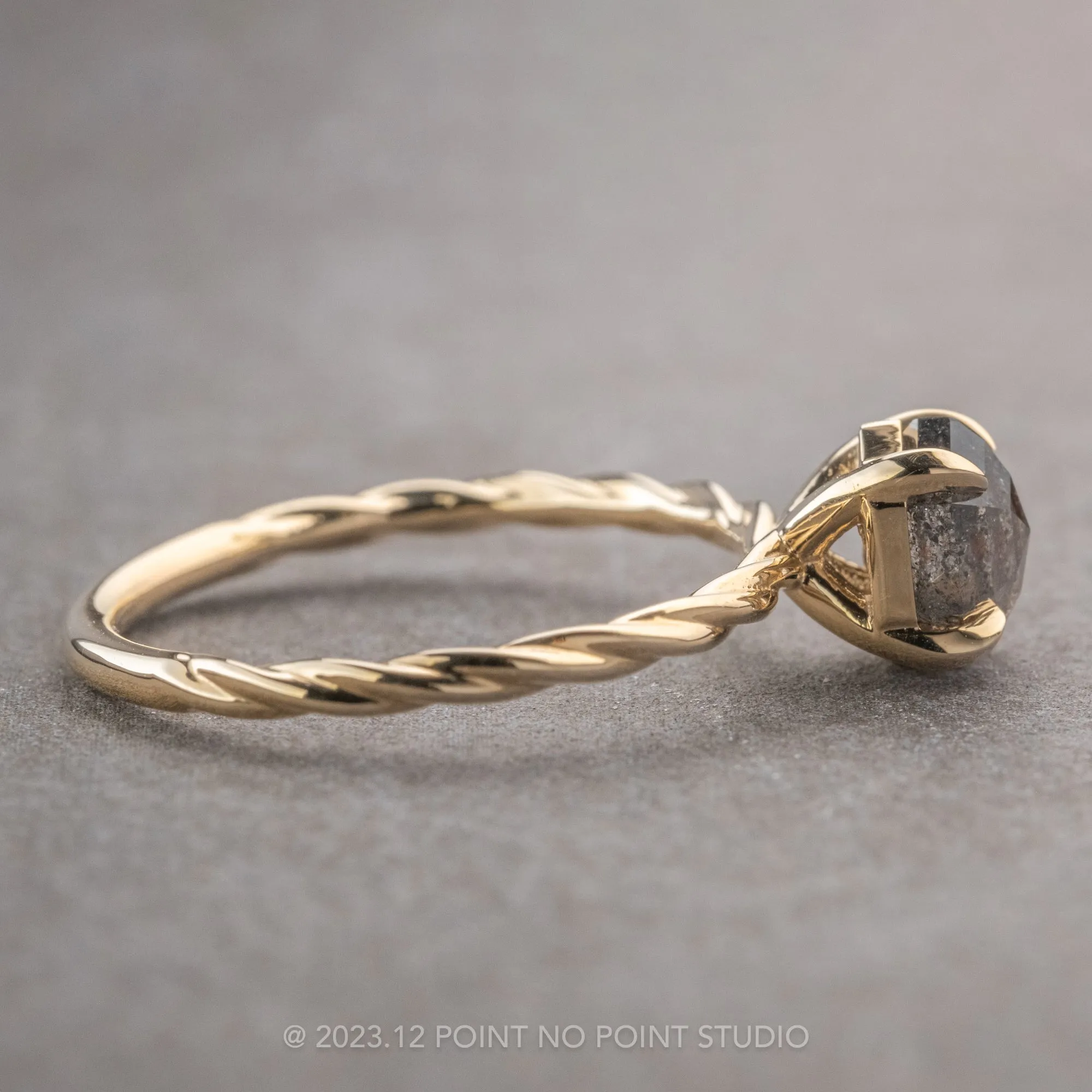 .93 Carat Salt and Pepper Hexagon Diamond Engagement Ring, Tulip Basket Setting, 14k Yellow Gold