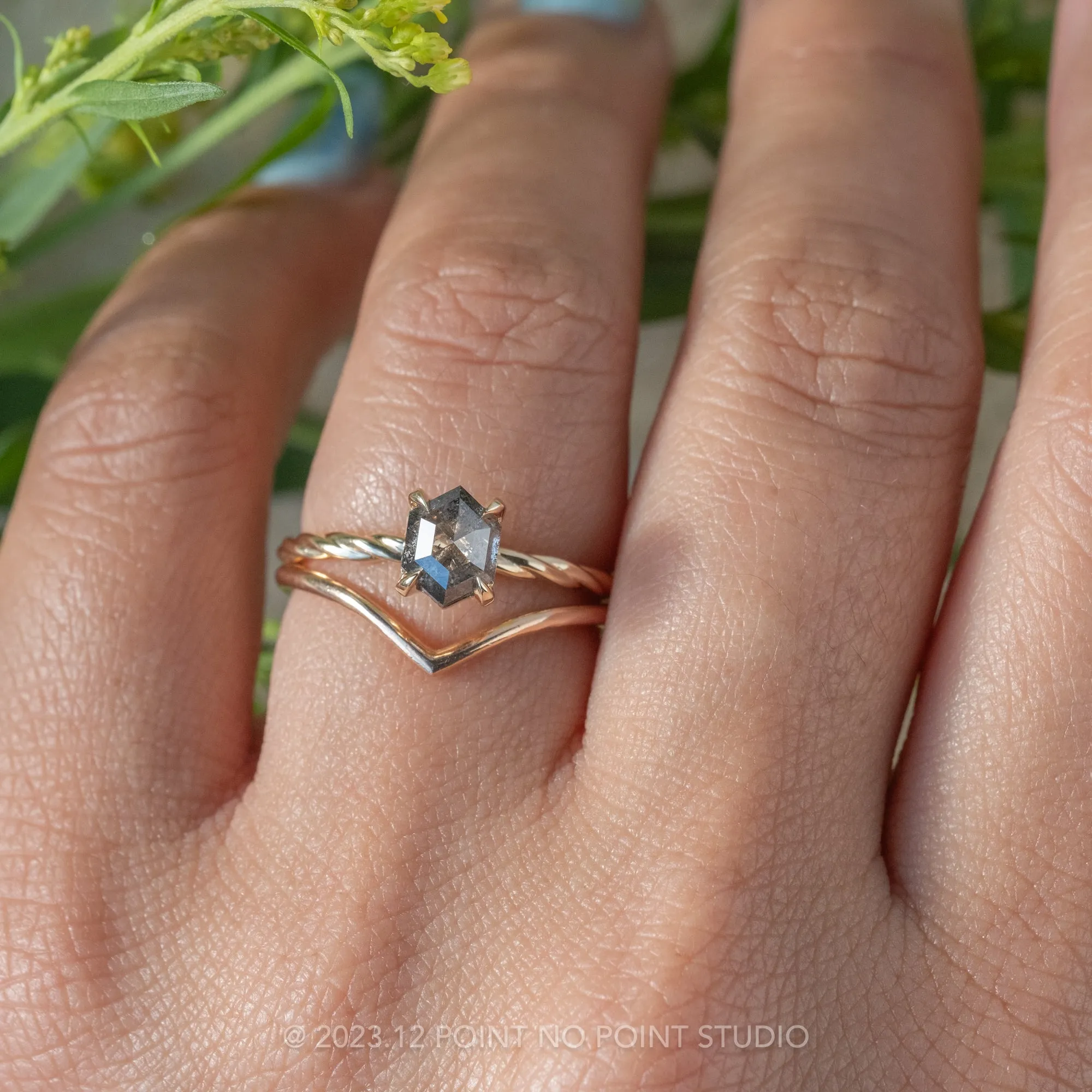 .93 Carat Salt and Pepper Hexagon Diamond Engagement Ring, Tulip Basket Setting, 14k Yellow Gold