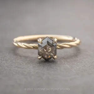 .93 Carat Salt and Pepper Hexagon Diamond Engagement Ring, Tulip Basket Setting, 14k Yellow Gold