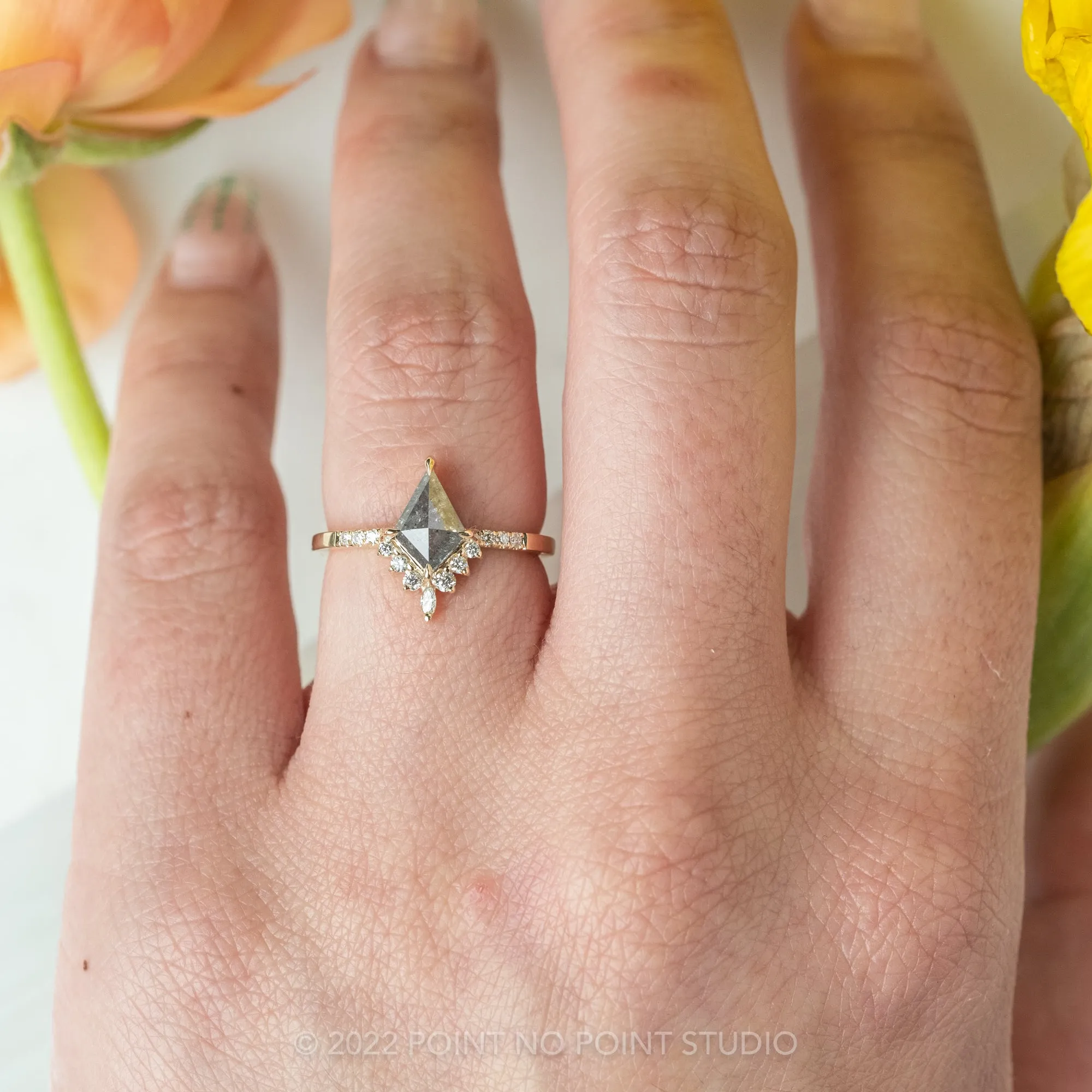 .99 Carat Salt and Pepper Kite Diamond Engagement Ring, Avaline Setting, 14k Yellow Gold