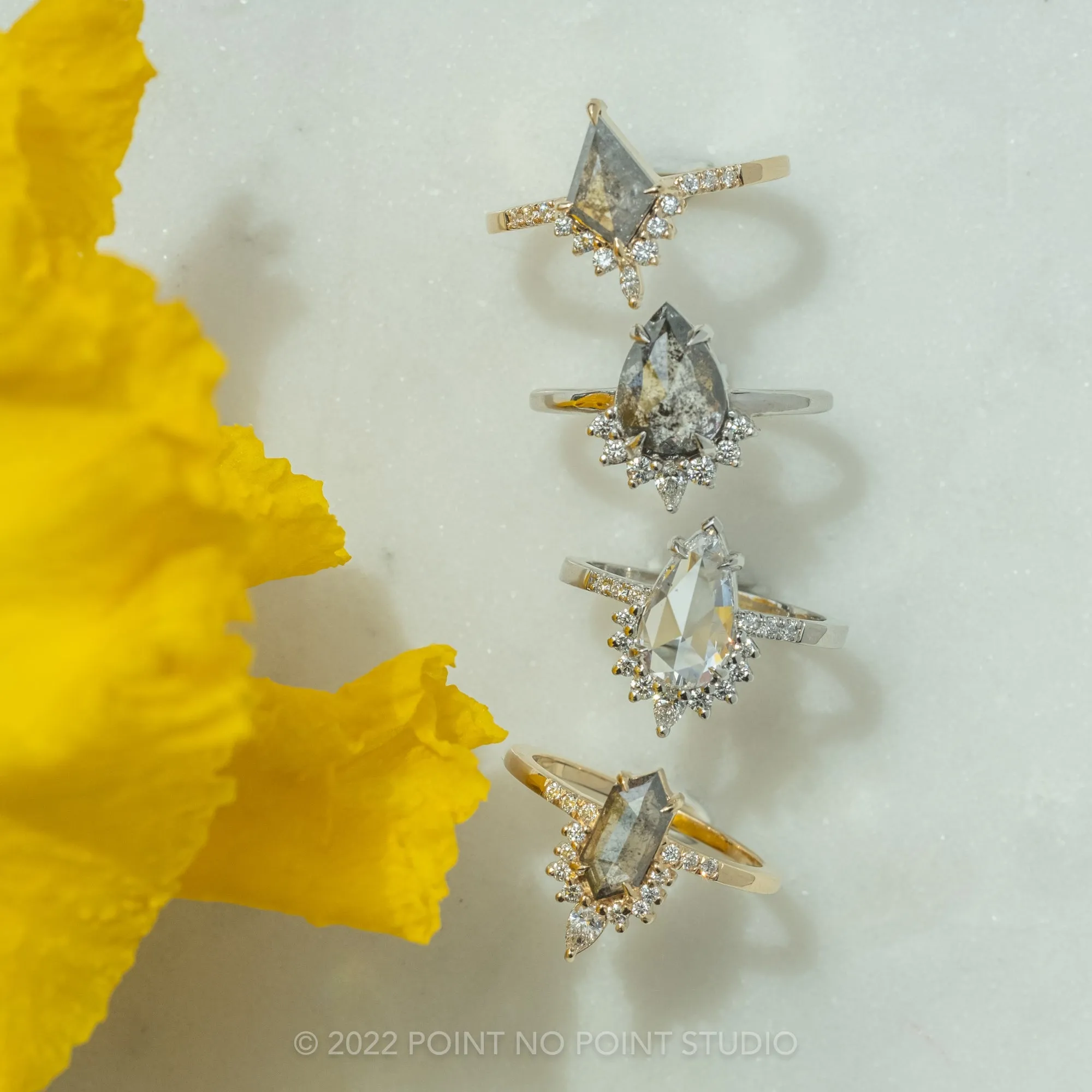 .99 Carat Salt and Pepper Kite Diamond Engagement Ring, Avaline Setting, 14k Yellow Gold
