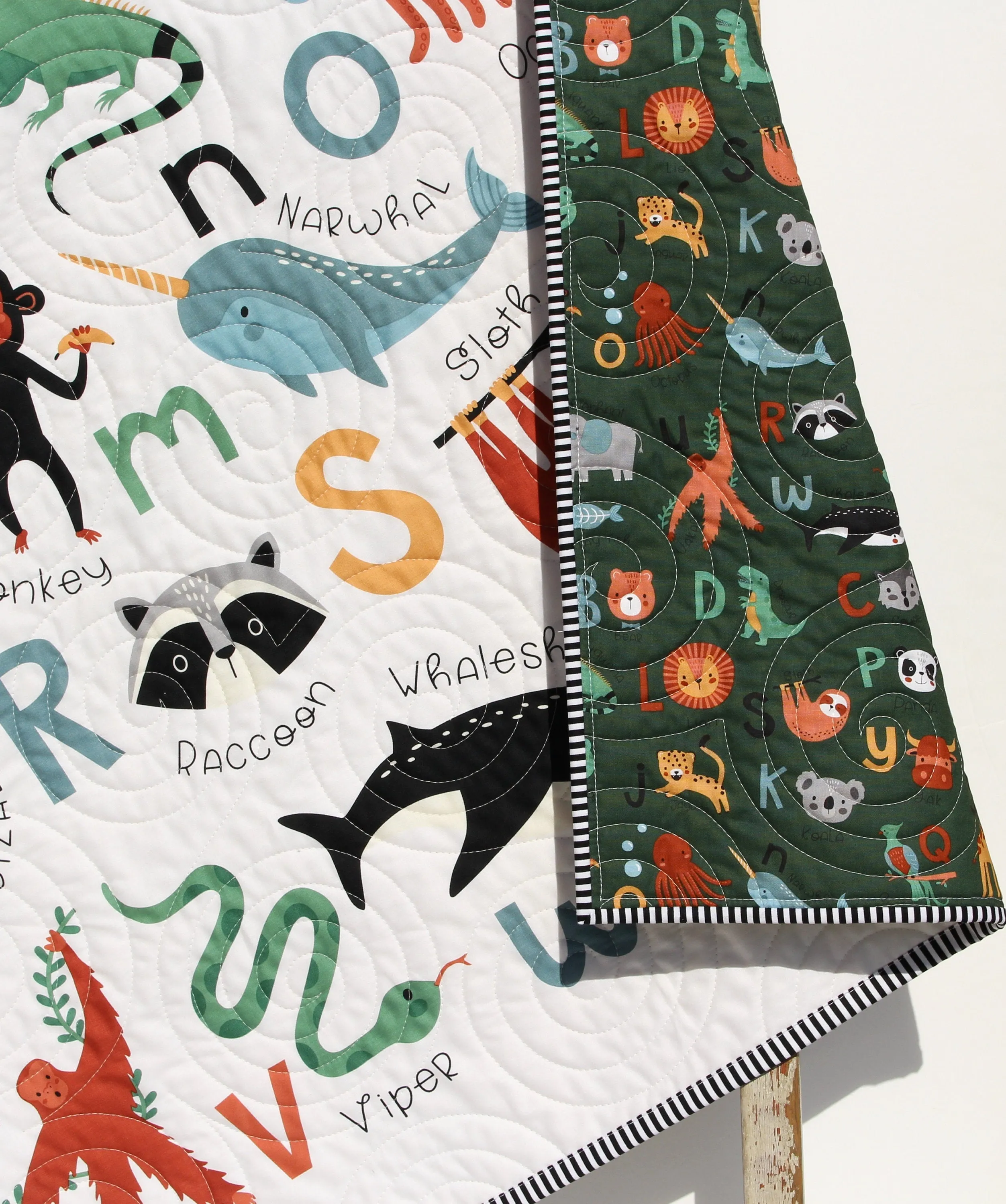 Alphabet Zoo Quilt Kit, ABCs Baby Newborn Boy or Girl Animals Letters Sewing Project Includes Panel Top Backing Binding Quick Easy Animals