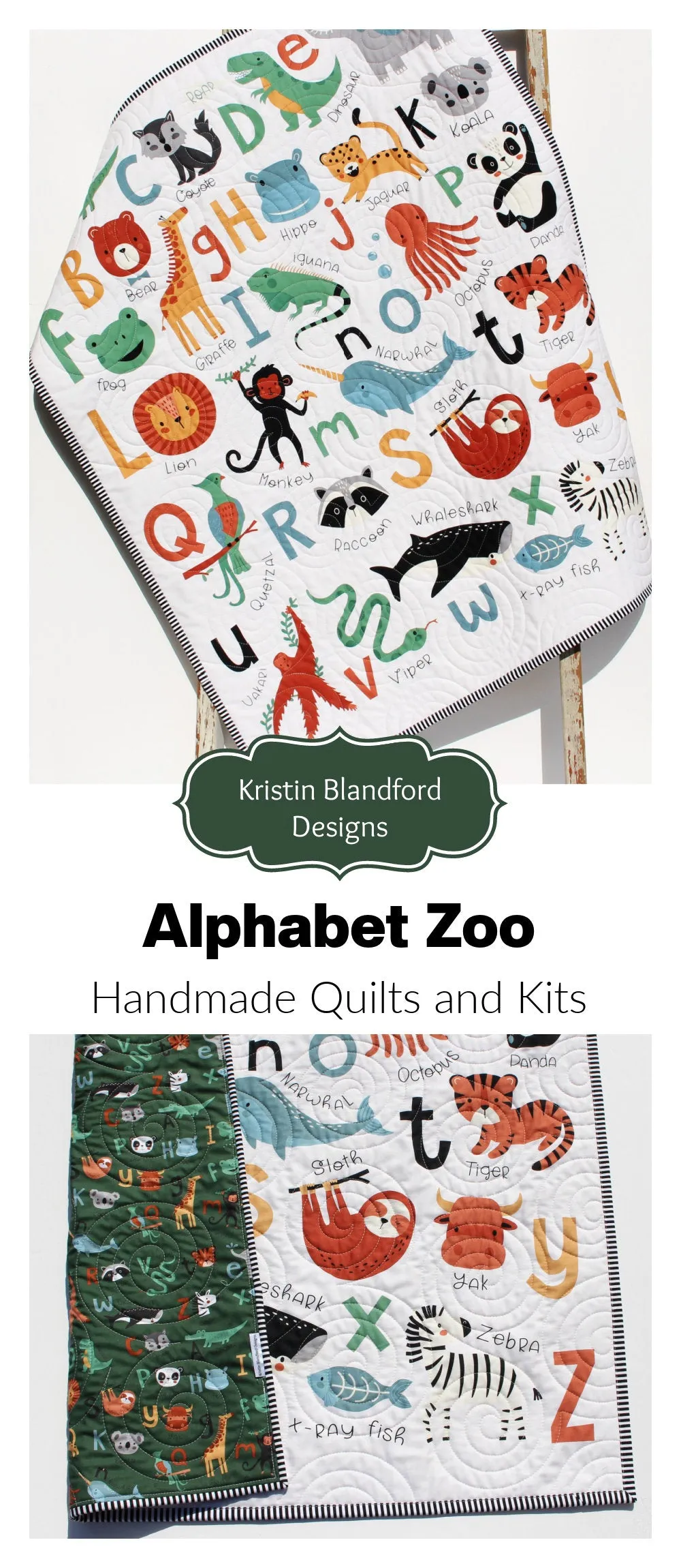 Alphabet Zoo Quilt Kit, ABCs Baby Newborn Boy or Girl Animals Letters Sewing Project Includes Panel Top Backing Binding Quick Easy Animals