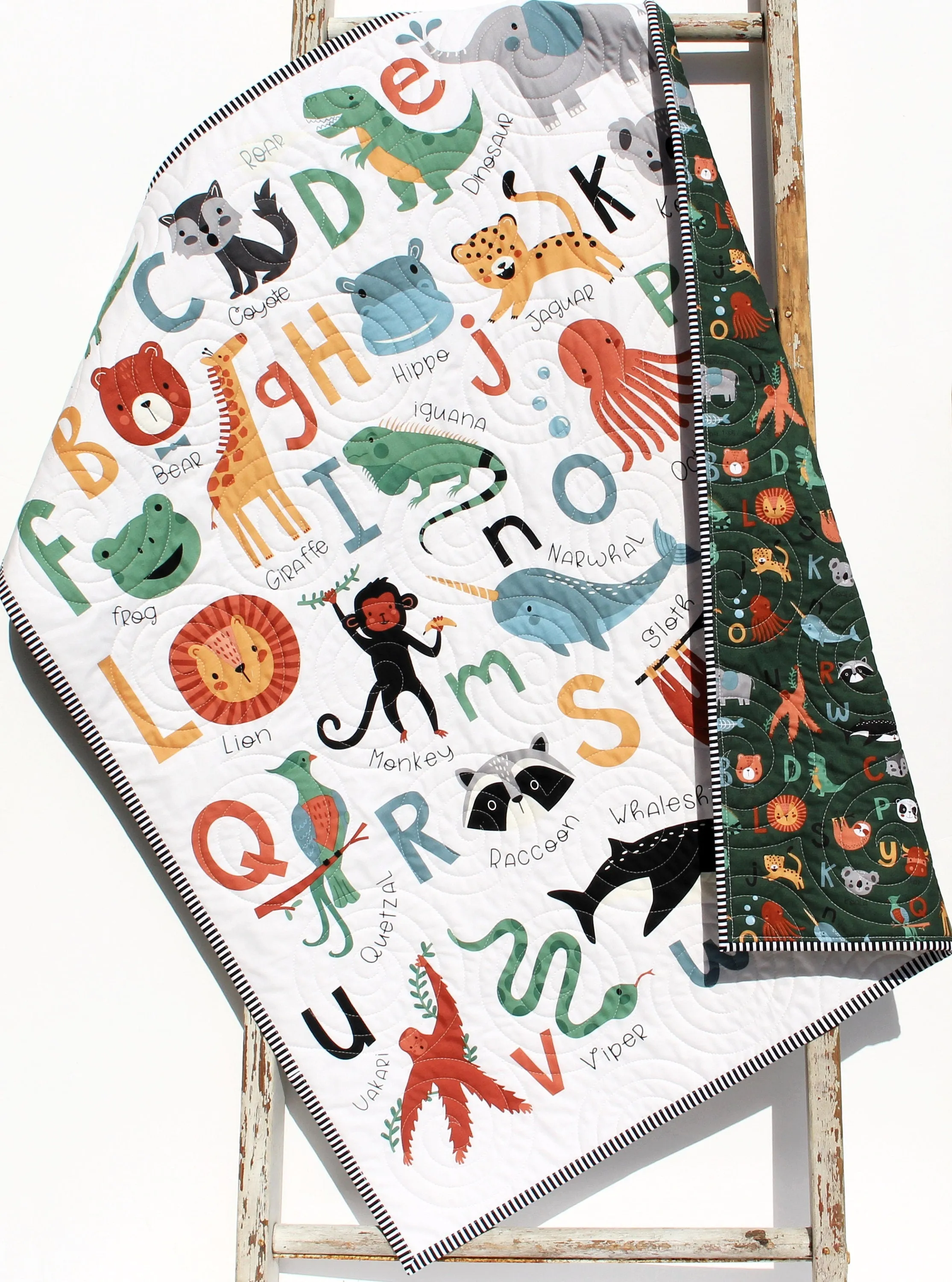 Alphabet Zoo Quilt Kit, ABCs Baby Newborn Boy or Girl Animals Letters Sewing Project Includes Panel Top Backing Binding Quick Easy Animals