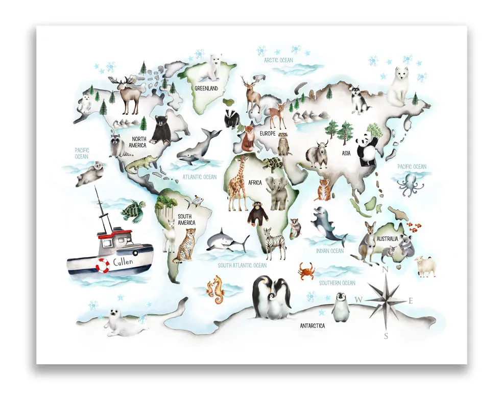 Animal World Map - Custom Name Print