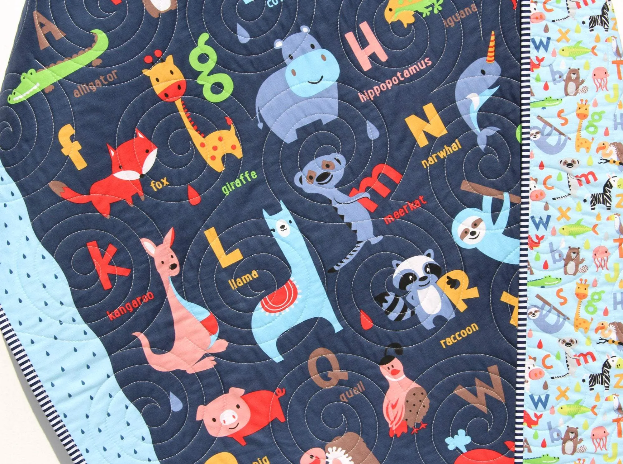 Baby Quilt, Noahs Ark Christening Baby Gift Baby Blankets Crib Quilt Newborn Alphabet Nursery Bedding Boy Navy Blue Personalized Name