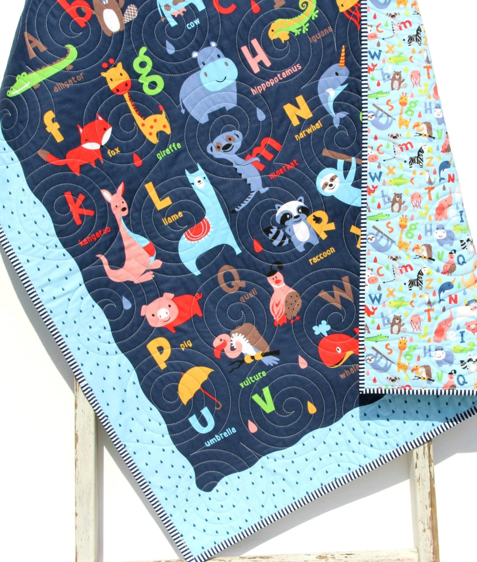 Baby Quilt, Noahs Ark Christening Baby Gift Baby Blankets Crib Quilt Newborn Alphabet Nursery Bedding Boy Navy Blue Personalized Name