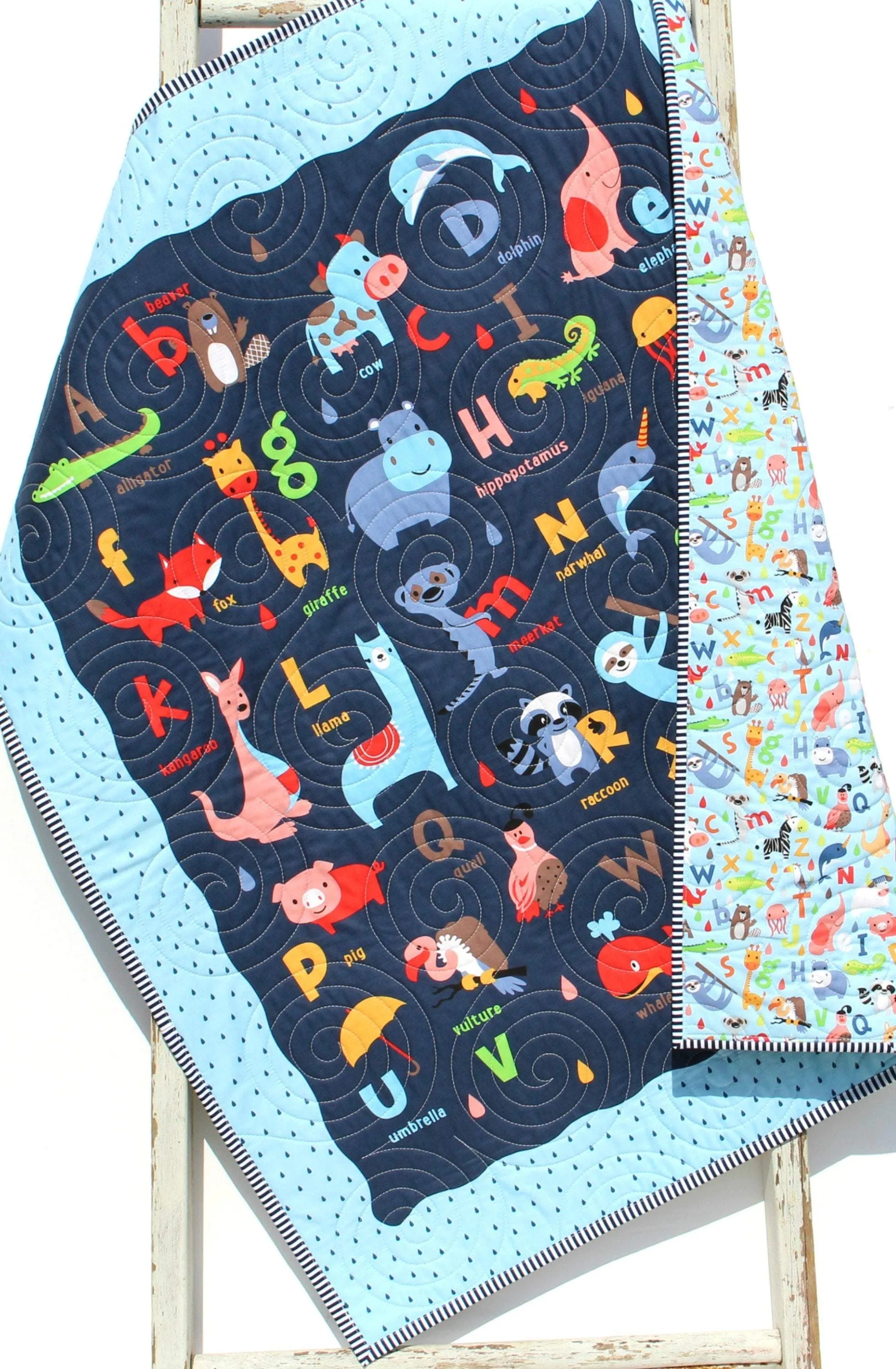Baby Quilt, Noahs Ark Christening Baby Gift Baby Blankets Crib Quilt Newborn Alphabet Nursery Bedding Boy Navy Blue Personalized Name