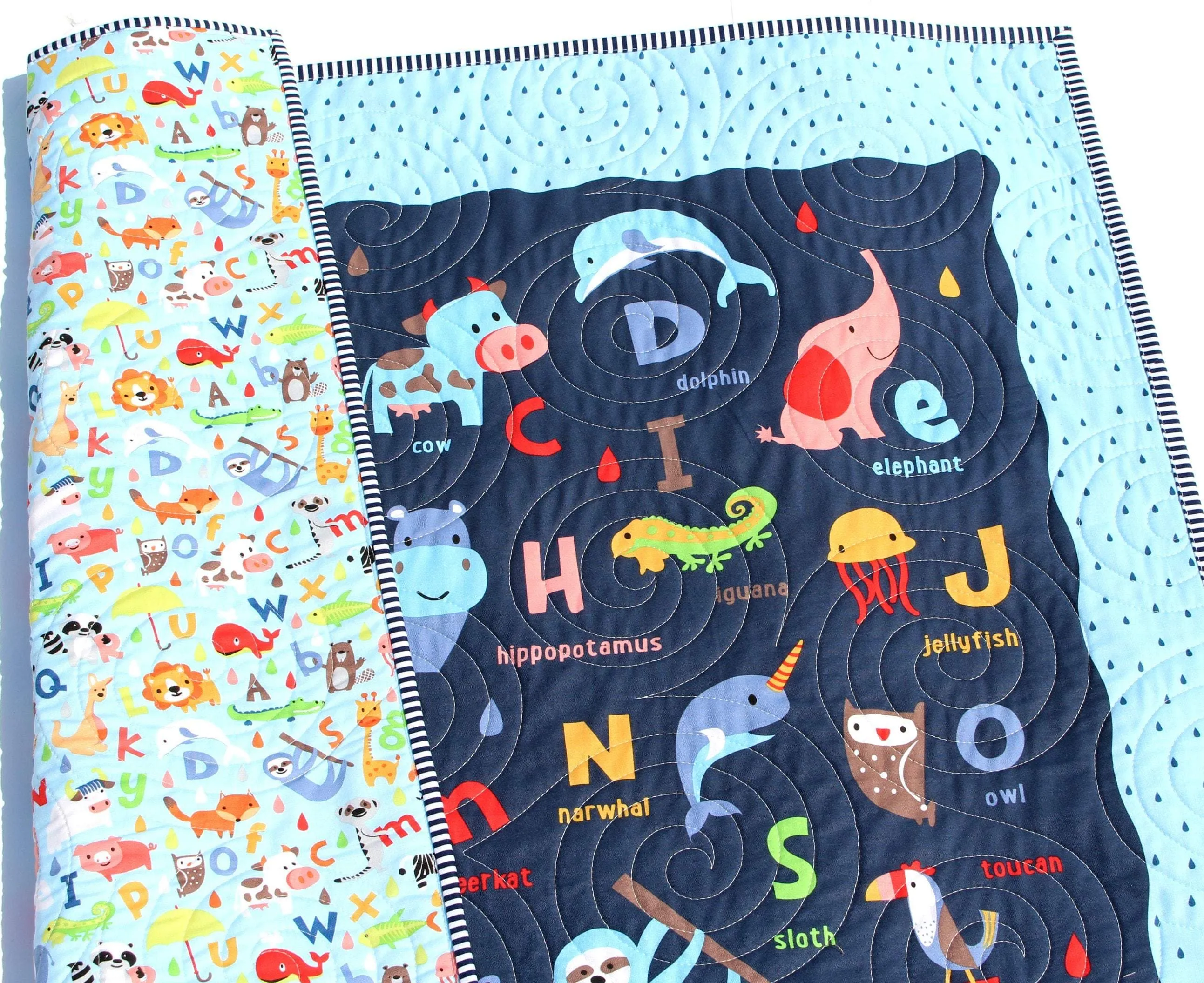 Baby Quilt, Noahs Ark Christening Baby Gift Baby Blankets Crib Quilt Newborn Alphabet Nursery Bedding Boy Navy Blue Personalized Name