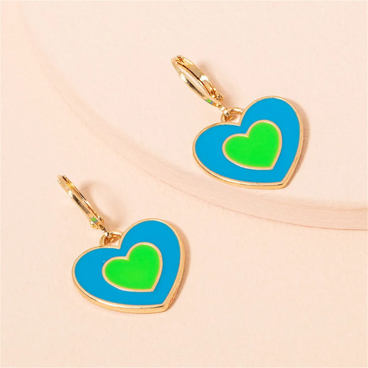 Blue & Green Enamel 18K Gold-Plated Heart Huggie Earrings