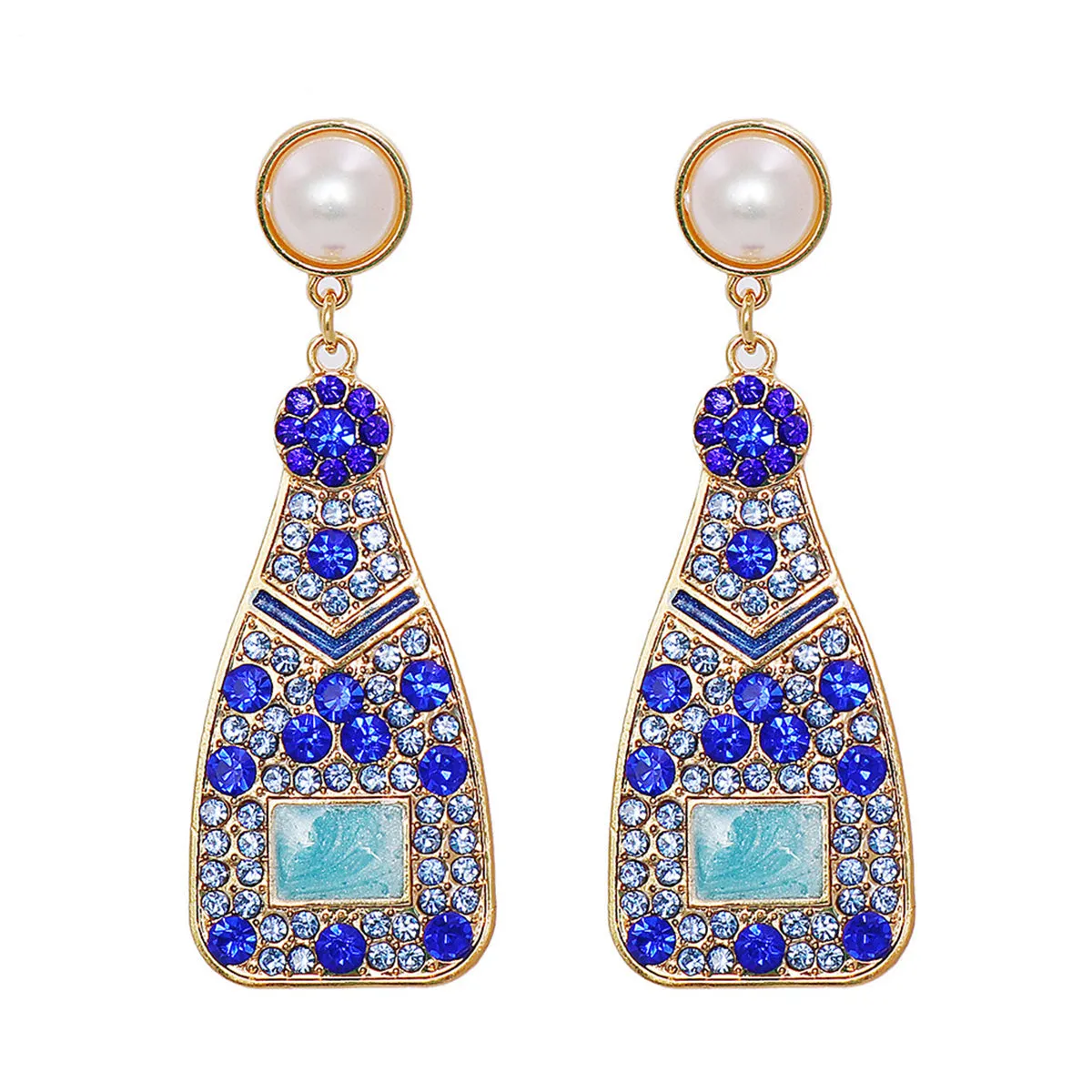 Blue Cubic Zirconia & Pearl 18K Gold-Plated Sparkling Champagne Drop Earrings