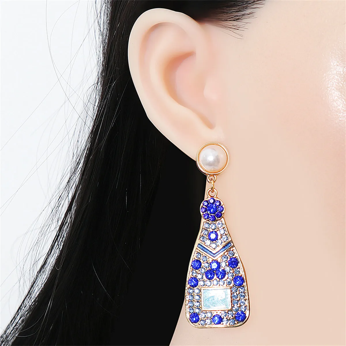 Blue Cubic Zirconia & Pearl 18K Gold-Plated Sparkling Champagne Drop Earrings