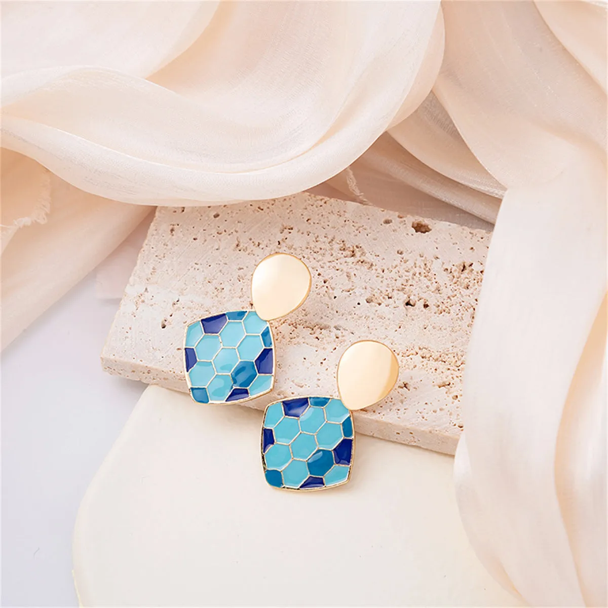 Blue Enamel & 18K Gold-Plated Rhombus Drop Earrings
