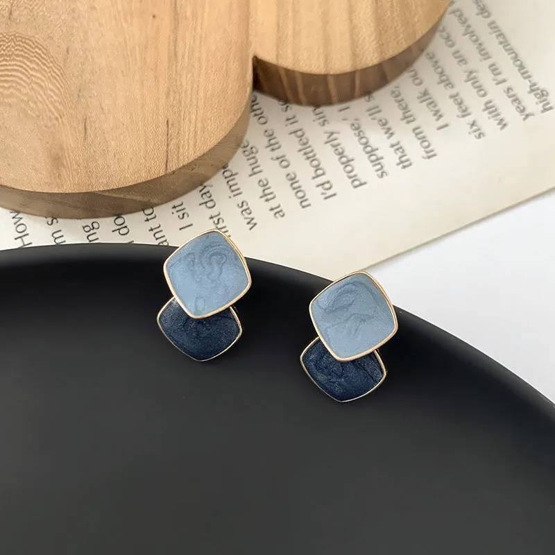 Blue Enamel & 18K Gold-Plated Stacked Block Stud Earrings