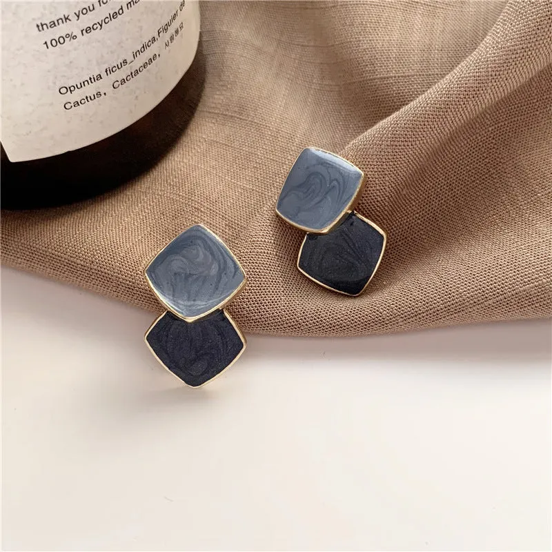 Blue Enamel & 18K Gold-Plated Stacked Block Stud Earrings
