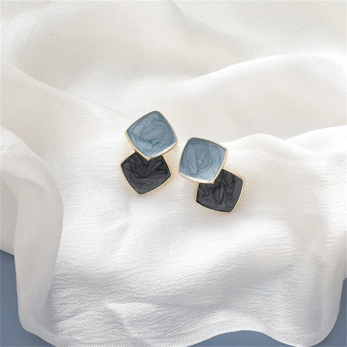 Blue Enamel & 18K Gold-Plated Stacked Block Stud Earrings