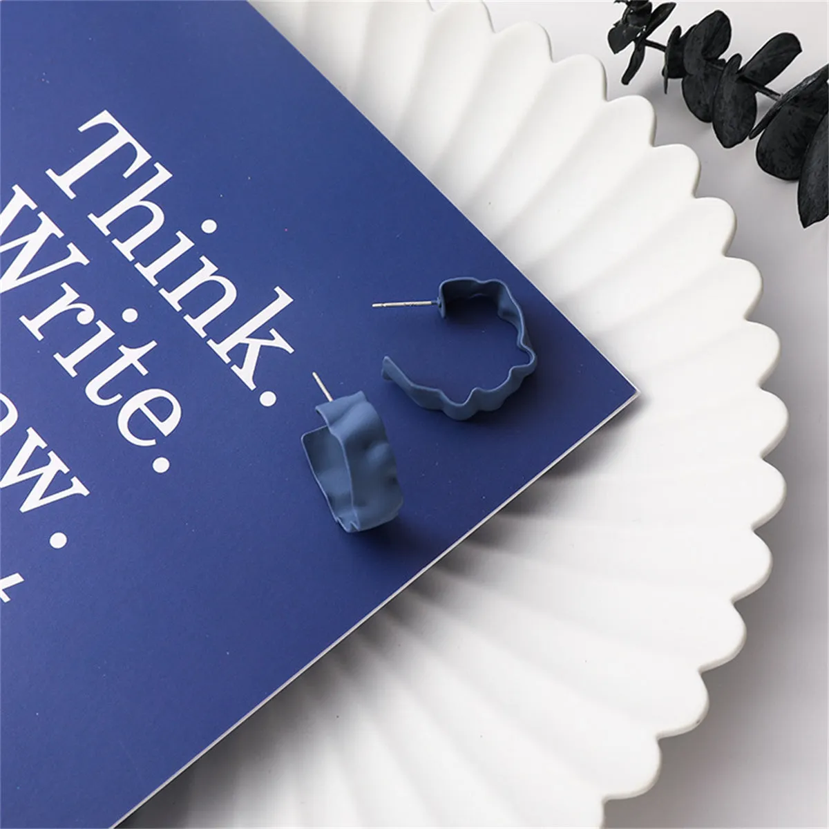 Blue Enamel & Silver-Plated Wave Huggie Earrings
